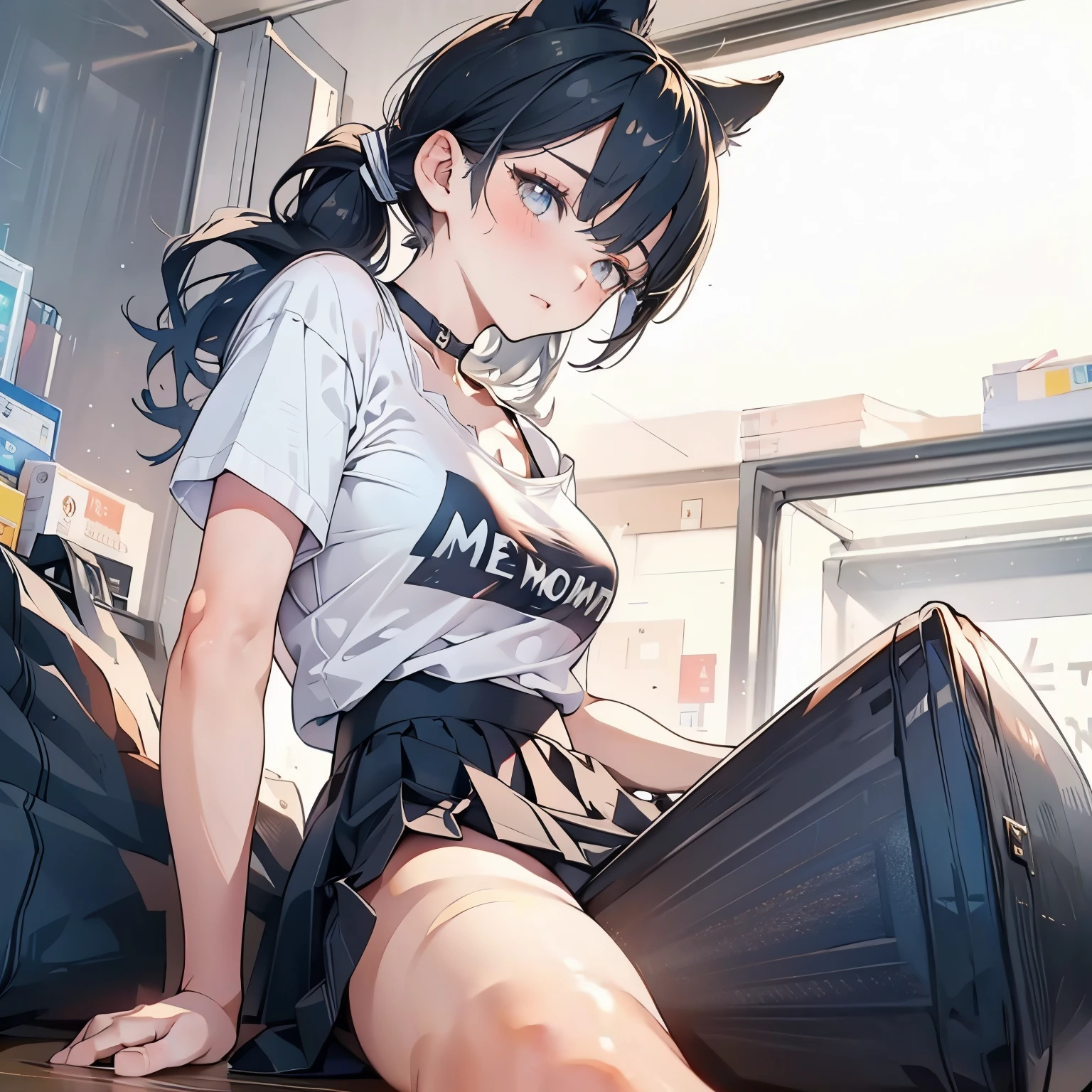  1 girl,  slits in front,  Down Blouse ,  loose t-shirt ,Cat ears, White Ponytail, half eyes, Medium breast, with pillow bind thigh, Open legs,
Pleated skirt, (From below:1.5), (Closeup:1.2)