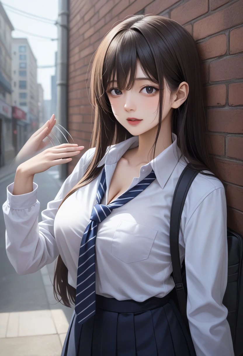 ((masterpiece,Highest quality:1.3,best illustration,realistic)),cowboy shot,1woman、独奏,25 year old Japanese beauty,((very small head:1.3)),center parted bangs,forehead,black hair,long hair,black eyes,gorgeous eyes,Black-rimmed glasses,shy,medium breasts,((very long body:1.3)),((toned body,slender body,skinny)),gleaming skin,shiny skin,oily skin,sweat,(School uniform、Dark blue blazer jacket、Navy blue tie、Grey plaid pleated mini skirt),on street,Tokyo、
