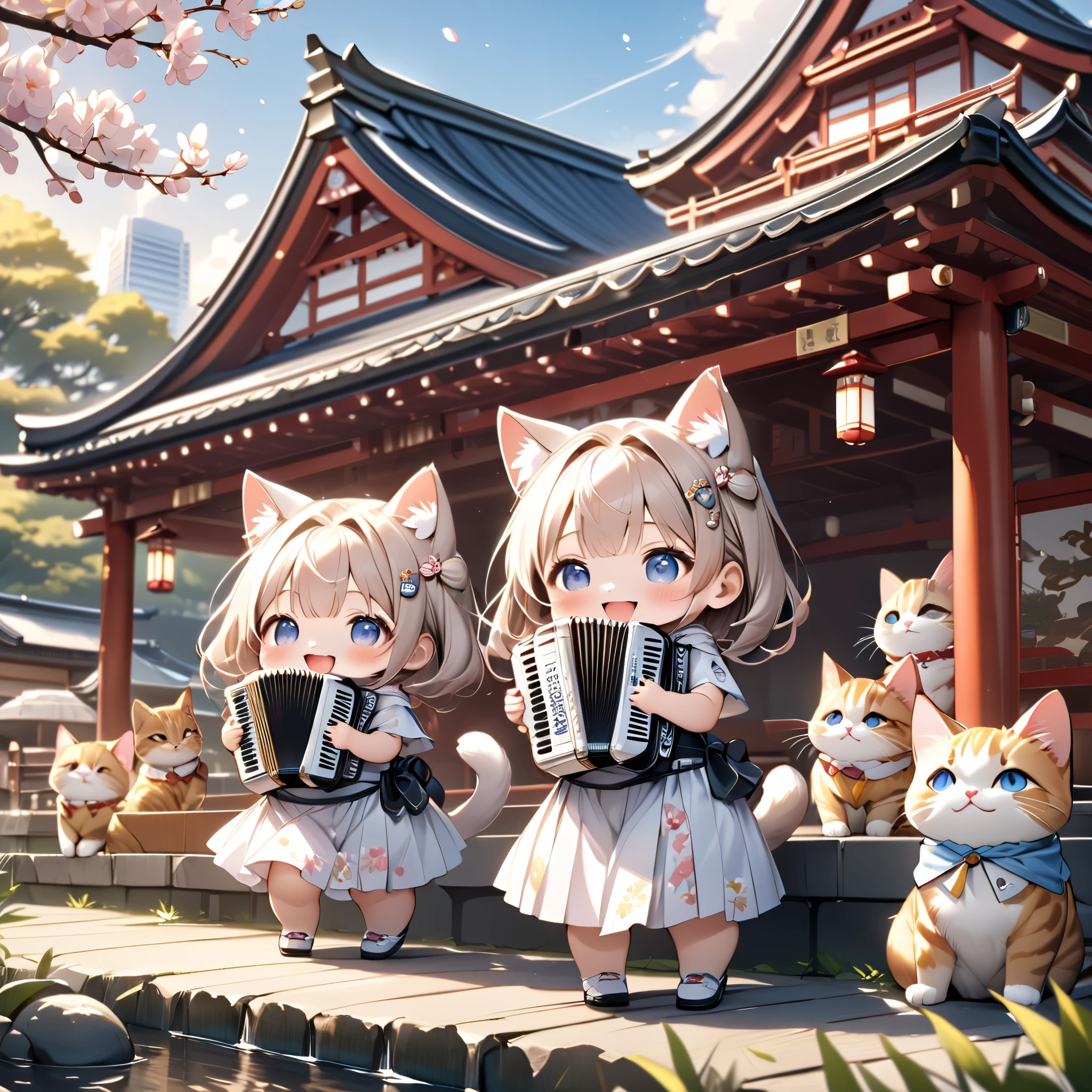(masterpiece), (ultra-detailed:1.3), best quality, clear focus, dramatic scene, cinematic, shadow, (ultra-high resolution:1.3), (8k:1.3), perfect anatomy, perfect face, (detailed face), (detailed eyes:1.2), (chibi:1.2), 1 girl\(famous Japanese chibi idol girl, very beautiful and cute but cool face, wearing a very cute long skirt with Tyrolean style capelette, cute shoes, large breasts\), cute giant fat cats\(giant fat cat, cute, chubby, big, tall, mewing\), (A girl is playing an accordion:1.3), (The cats line up and sing along with the accordion:1.3), in the Japanese garden, small pond and small bridge, Japanese shrine, (detailed cute giant fat cats:1.2), happy smile, peaceful atmosphere, amazing view of the skyscrapers with tall Tokyo tower behind them