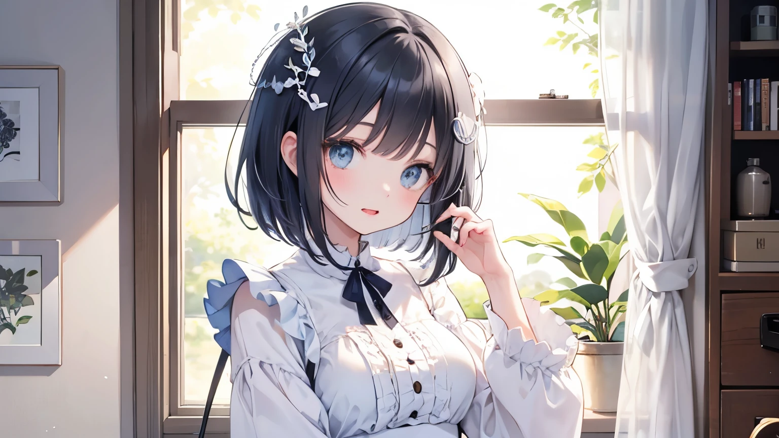 beautiful woman wearing a light blue and white long sleeve puff sleeve dress with lots of frills Long black bob hair with hair ornament upper body lipstick