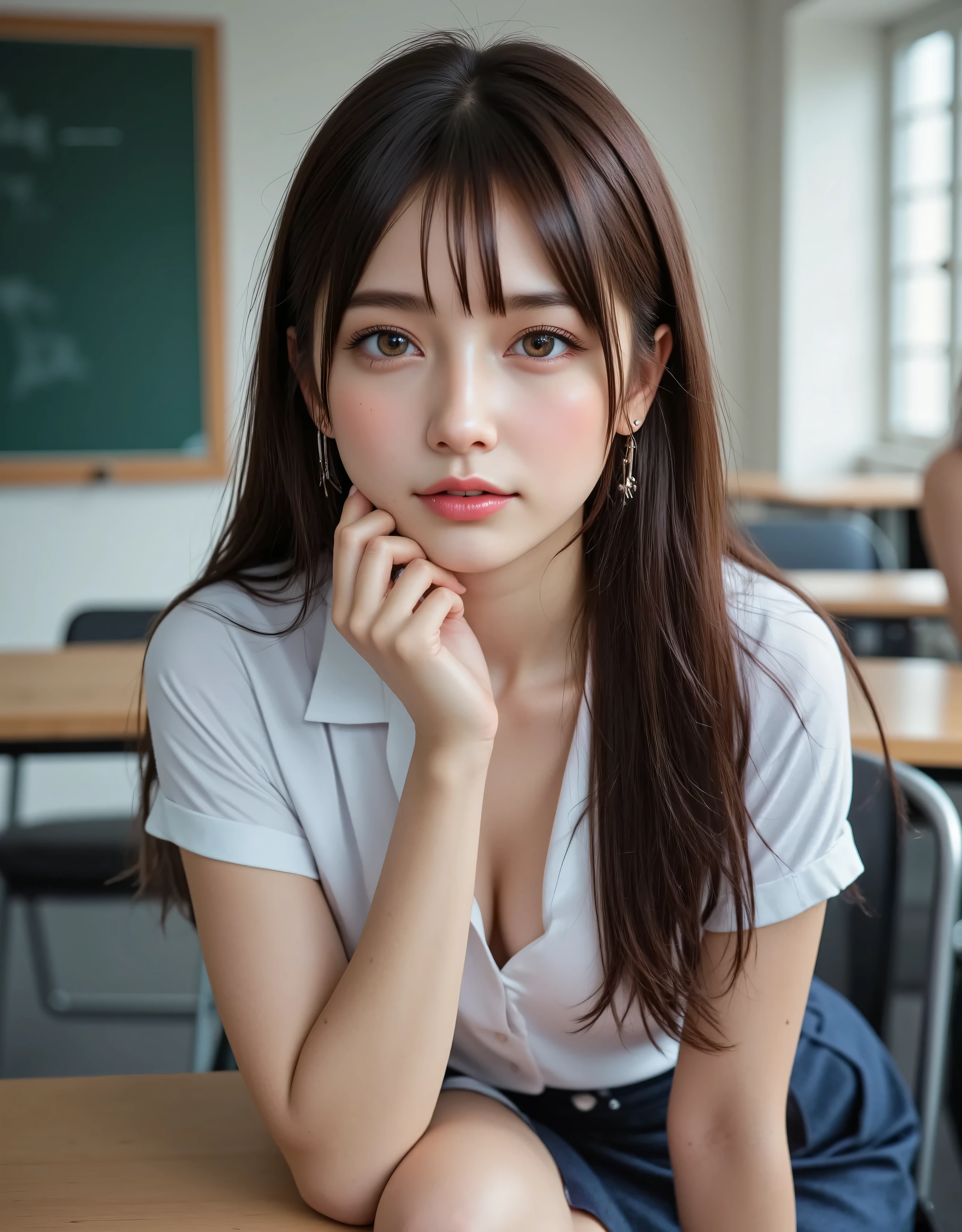 (Canon), (EOS R5), (50mm), (( photo realistic :1.5)), (No lens flare :1.5), (超 high resolution), (masterpiece),  accurate, (  realistic な質感の肌),  more details,  high detail,  High Quality  ,  Award-winning work , 最 High Quality , 32K,  Depth of Field ,  digital camera,  Award-winning glamour photo  ,  professional lighting , ((最 High Quality :1.5)), ((masterpiece:1.5)), ((  realistic )),  high resolution,  realistic な影, Roughness, Real Life,(A very beautiful and cute Japanese woman), (( upper body shot seen diagonally from the front :1.5)), (( upper body shot from head to knee  :1.5)), (( cute 18-year-old Japanese high school girl )), (( high school classroom ,  desk, chair, blackboard, and window visible )), (( white short-sleeved summer suit sailor suit sitting on a chair wearing a navy blue and flared skirt :1.5)), (( white short-sleeved sailor suit with open chest to see cleavage between white bra and bust)),  (( white short-sleeved summer suit and white panties visible )), (( Clevis,  camel toe)), (( very cute high school girl with a good shape )), Attractive cuteness ,  seductive pose , Height: 160cm,  slim figure, Beautifully shaped bust, D Cup, (A very cute, cheerful smile:1.5), (alone:1.5), ( brown eyes:1.9), ( Detailed depiction of extremely  realistic  skin ), (Highly detailed,  realistic  eyes:1.9), (Very beautiful, Long,  realistic  eyelashes), (Highly detailed,  realistic  eyebrows), (丸い brown eyes :1.8), ( beautiful catchlight on the eyes), (Realistic lips with moisture ), ( white  realistic  teeth arranged neatly), ( Beautiful and Detailed Face :1.6), (Hourglass body shape:1.6), (Wasp waist :1.5), ( Perfectly round and beautifully shaped bust :1.8), ( clearly contoured cheekbones  :1.5), ( perfect style body  :1.8), (Healthy body :1.8), (Narrow shoulders:1.9), ( Staring at Viewers ), ( seductive gaze ), (Beautiful, natural-looking hands), (Beautiful pink nails of perfect length), ( show your hands as little as possible ), ( very cute smile:1.1), (Stomach and navel are visible:1.4), Disheveled uniform, ( black hairミディアムヘアー :1.3),  black hair, ( huge breasts ),  big natural colored lips  , Crying a little、Cold Stare ,  、  cute type,  Legs with a Beautiful Tail  , My thighs are thick  、((( Big Breasts))), ((((  Midnight Classroom)))), Open your legs,  I'll show you my chest,  showing panties , (( show your hands as little as possible )), ((I can&#39;t show my feet)),  blur the background , Illuminate the face,  dynamic pose, beautiful body line , Beautiful,  realistic  skin , Art Photography,  beautiful soft lighting ,  Accurate , Accurate ,  Accurate,5 fingers on one hand 