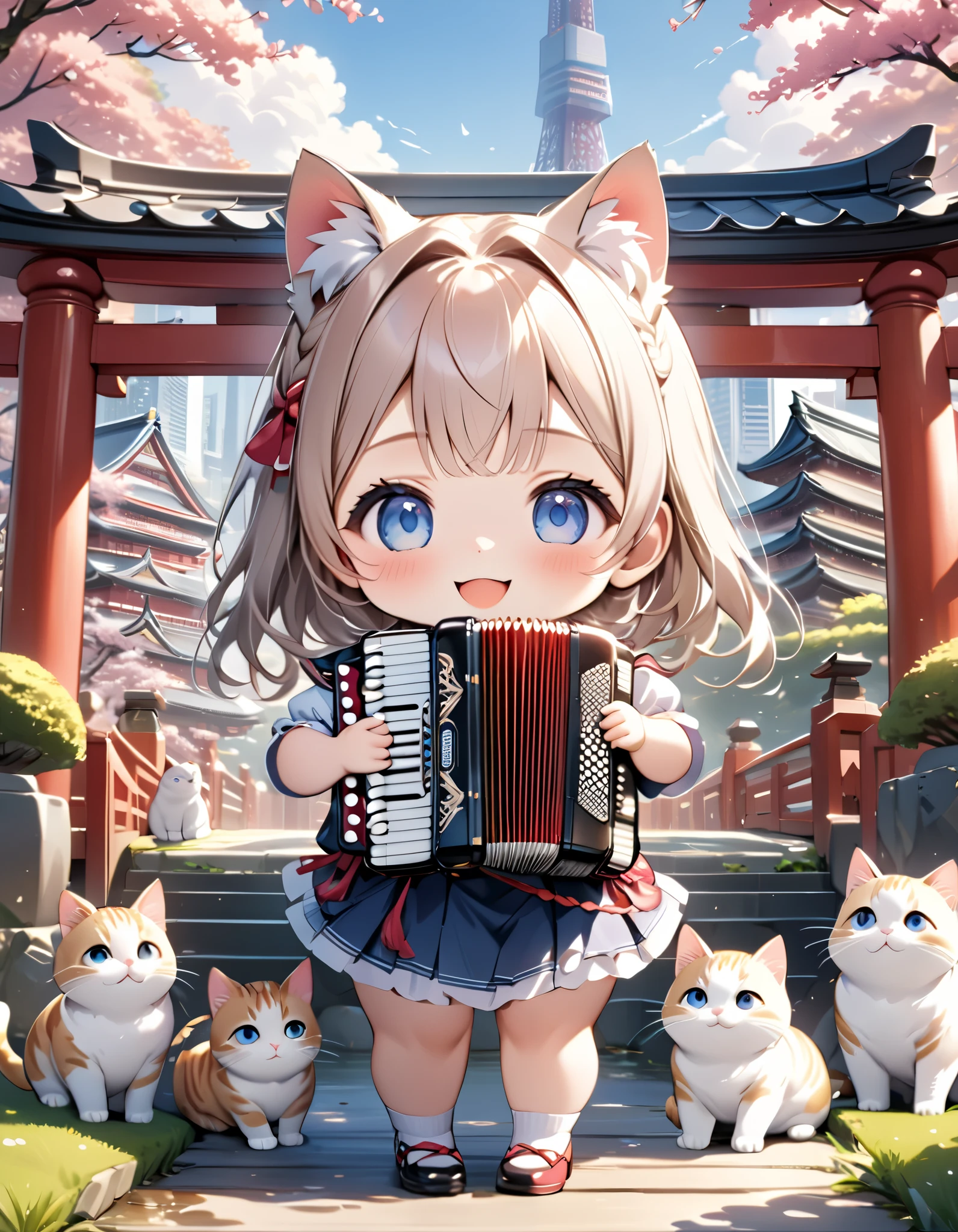 (masterpiece), (ultra-detailed:1.3), best quality, clear focus, dramatic scene, cinematic, shadow, (ultra-high resolution:1.3), (8k:1.3), perfect anatomy, perfect face, (detailed face), (detailed eyes:1.2), (chibi:1.2), 1 girl\(famous Japanese chibi idol girl, very beautiful and cute but cool face, wearing a very cute Tyrolean style capelette, cute shoes, large breasts\), cute giant fat cats\(giant fat cat, cute, chubby, big, tall, mewing\), (A girl is playing an accordion:1.3), (The cats line up and sing along with the accordion:1.3), in the Japanese garden, small pond and small bridge, Japanese shrine, (detailed cute giant fat cats:1.2), happy smile, peaceful atmosphere, amazing view of the skyscrapers with tall Tokyo tower behind them