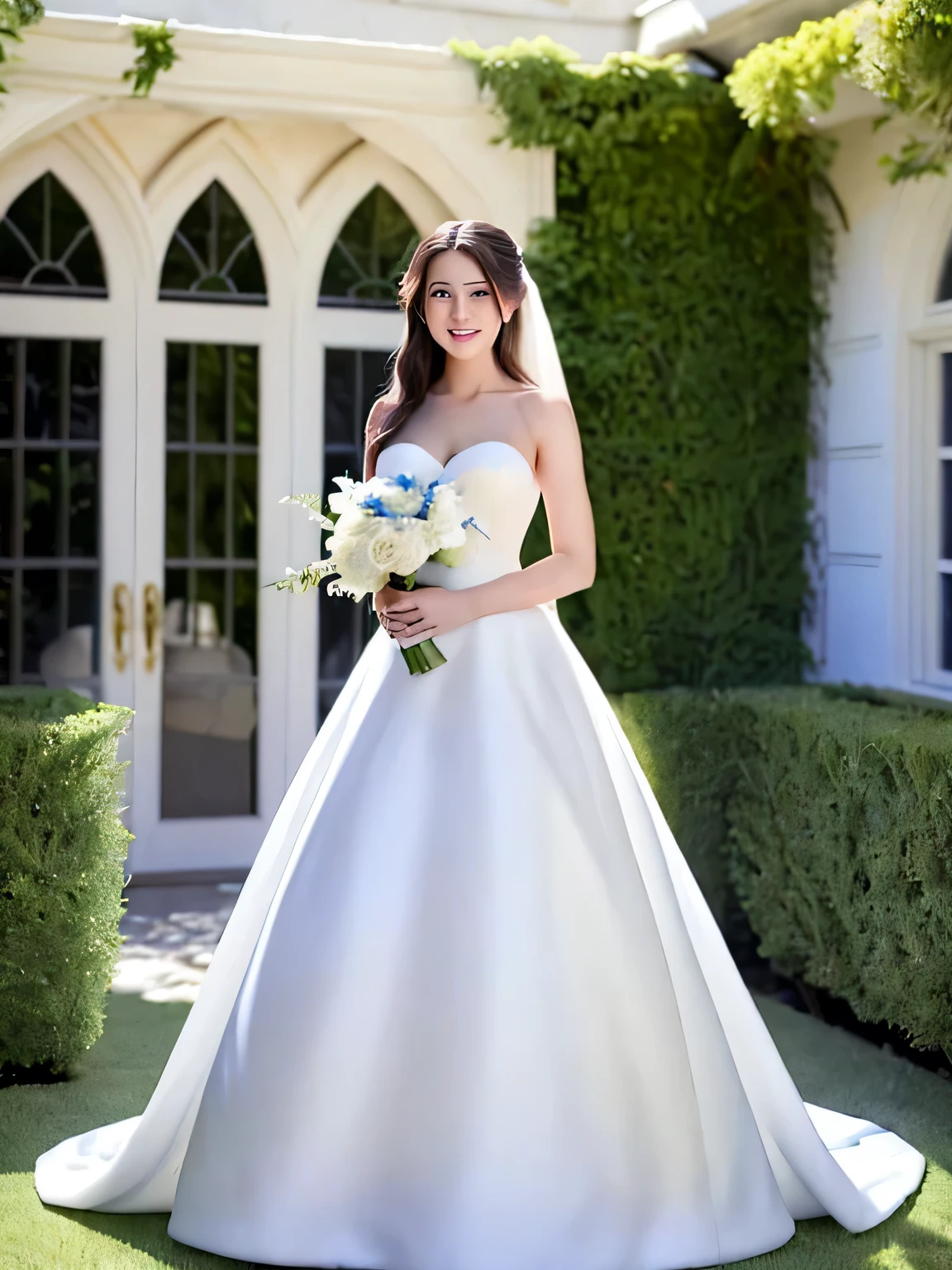 A girl, dressed in a wedding dress, white wedding dress, full body drawing, slim, long legs