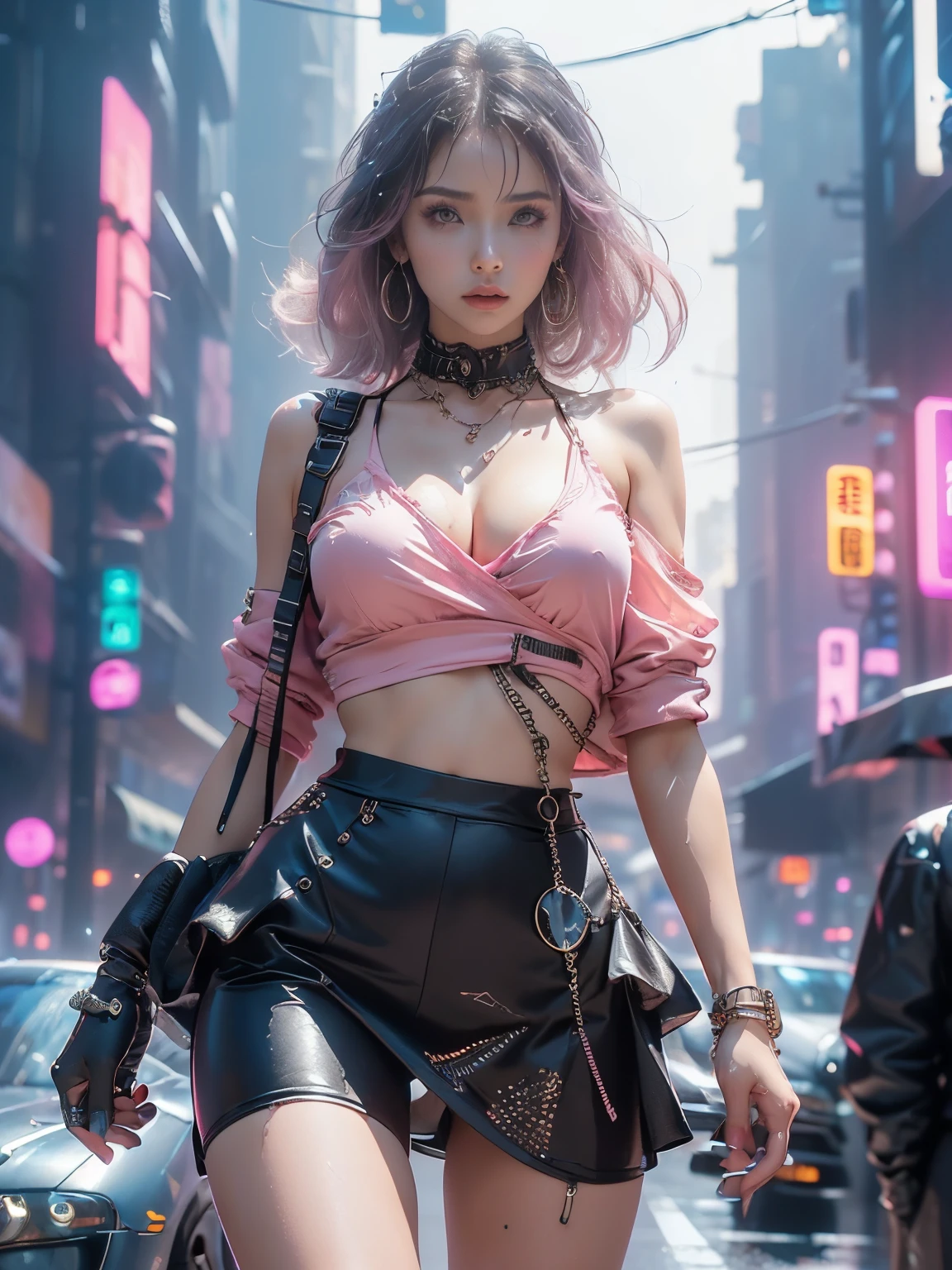 (Realistic:1.3, 16k, highest quality, masterpiece, Ultra-high resolution), ((light rain, From below)), Perfect dynamic composition:1.2, (Modern futuristic city at night, Expressions of sadness:0.5, retrowave art background retrowave car, Highly detailed skin and facial textures:1.2, Young Japanese Woman, Incredibly slim body, Fair skin, Sexy beauty, Very beautiful face, beautifully、aesthetic, (Pink tight skirt, Wear cyberpunk clothes), (Shapely breasts, Chest gap), (Big eyes that exude beautiful eroticism, Lips that exude beautiful eroticism), necklace, Earrings, bracelet, wedding ring, Shoulder bag, clock, sunglasses, retrowave art background retrowave car Cowboy Shot