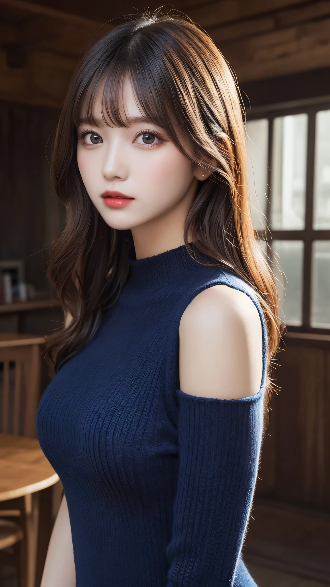 masutepiece, Best Quality, Illustration, Ultra-detailed, finely detail, hight resolution, 8K Wallpaper, Perfect dynamic composition, Beautiful detailed eyes,  Natural Lip, Dark blue knitted dress , Big breasts, cleavage, Cross legs