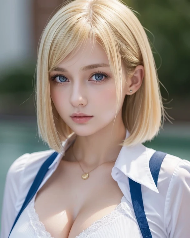 optimal,master piece,High resolution,best quality,hyper hd,super detail,award-winning,16K,solo,(Upper body),correct anatomy,Beautiful Cyberpunk Girl,cowboy shot、cute face,,blonde、bob cut、Red ribbon hair ornament、hair line,((scarlet eyes)),long eyelashes,dangling corner of the eye,white skin,((Shoot from the front)), ((white t-shirt:1.5)), ((Clocktop:1.5)), ((big breasts)), ((transparent nipples))、rocket , (Because I'm slender),