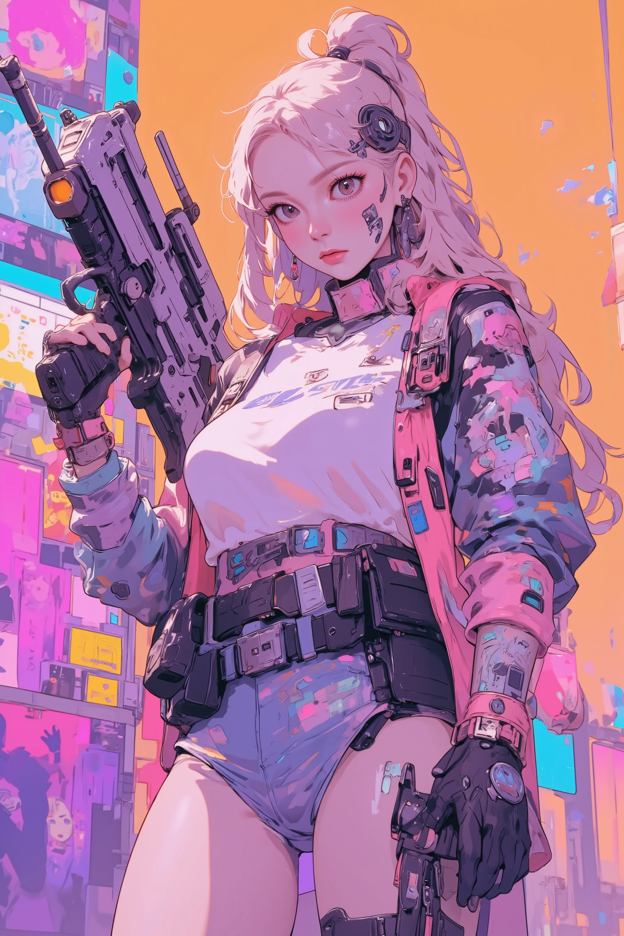A ANIME girl, Holding a heavy gun , Decora style illustration, soft animated illustration, Cute aesthetics, pastel goth style, anime atmosphere, anime style, 90's anime style, Holo Sticker, The aesthetics of orange,