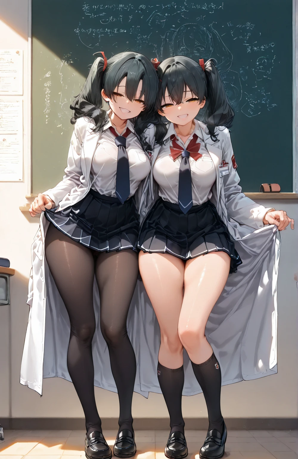 One girl in a mini skirt, Squat with your legs wide apart、Looking down at the viewer, Twin tails, Highest quality, Focus on the thighs, Dynamic pose, smile, blazer, blouse, Black Pantyhose, panties under pantyhose, , classroom, Black Hair,My thighs are steaming between the legs 、Sweaty pantyhose、Show the soles of your feet here、My feet are stuffy