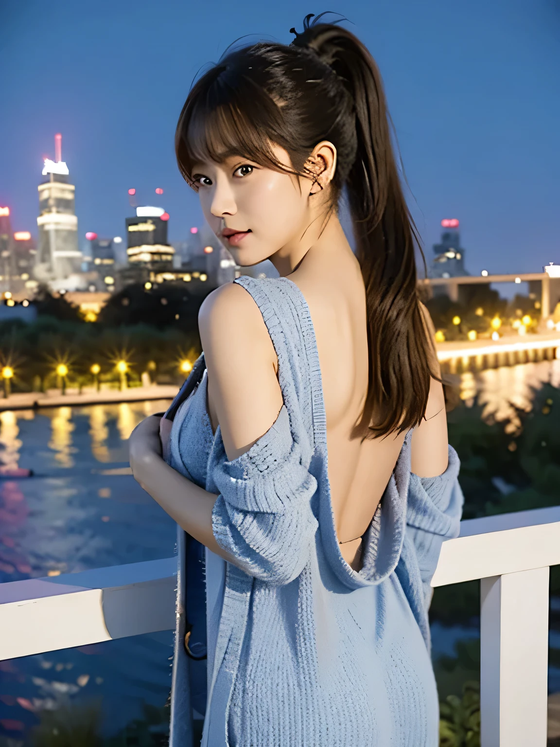 A single woman standing with her back turned, glancing over her shoulder towards the viewer. She is dressed in an elegant, modest one-piece dress and wearing a cardigan, holding a handbag in one hand. Her hair is tied in a ponytail with bangs, and strands of hair fall in front of her ears. The background is a night scene with twinkling skyscrapers creating a beautiful cityscape.
