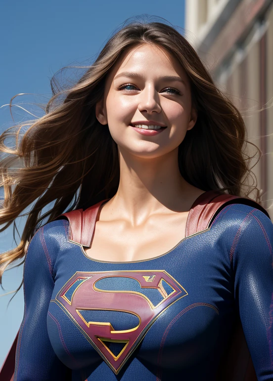 DC movies,photo of a 18 year old girl,supergirl,happy,laughing,hands on hips,looking at viewer,ray tracing,detail shadow,shot on Fujifilm X-T4,85mm f1.2,sharp focus,depth of field,blurry background,bokeh,lens flare,motion blur,<lora:add_detail:1>,