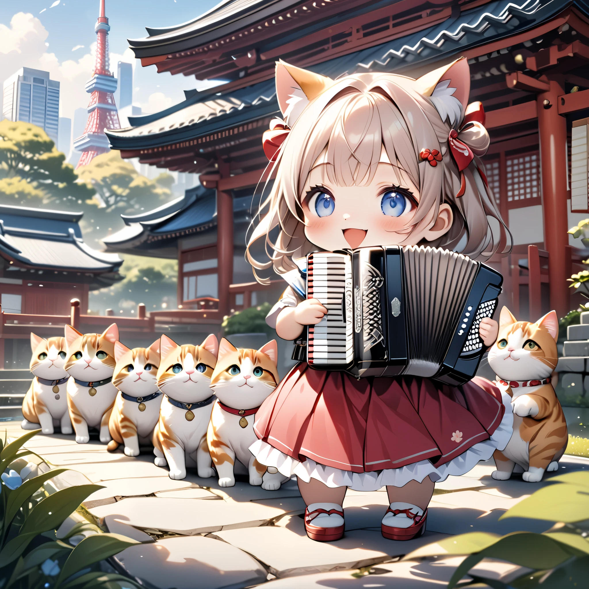 (masterpiece), (ultra-detailed:1.3), best quality, clear focus, dramatic scene, cinematic, shadow, (ultra-high resolution:1.3), (8k:1.3), perfect anatomy, perfect face, (detailed face), (detailed eyes:1.2), (chibi:1.2), 1 girl\(famous Japanese chibi idol girl, very beautiful and cute but cool face, wearing a very cute long skirt with Tyrolean style capelette, cute shoes, large breasts\), cute giant fat cats\(giant fat cat, cute, chubby, big, tall, mewing\), (A girl is playing an accordion:1.3), (The cats line up and sing along with the accordion:1.3), in the Japanese garden, small pond and small bridge, Japanese shrine, (detailed cute giant fat cats:1.2), happy smile, peaceful atmosphere, amazing view of the skyscrapers with tall Tokyo tower behind them