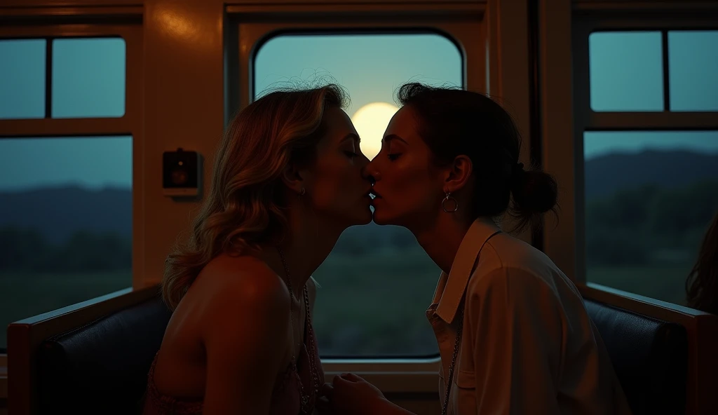 Lesbian women on a feather bed kissing and touching each other "high quality photograph, impresionante detalle, beautiful composition, tonos vibrantes, Spectacular lighting, Majestic mountain scenery, dramatic clouds, reflejos en el agua, colores brillantes, naturaleza exuberante."