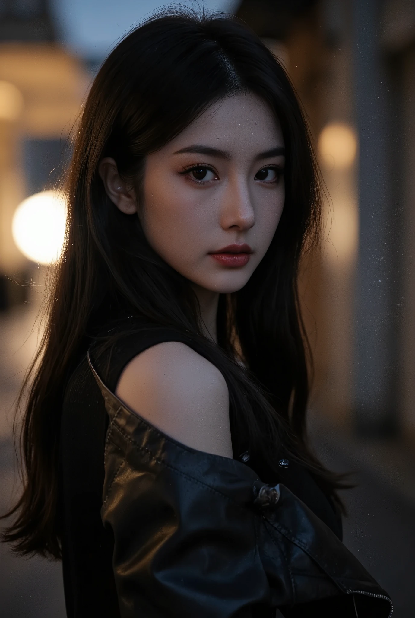 The back of a pale woman with long curly brown hair, Griffindo Witches, freckle, choker necklace (Hogwarts robes:1.1) (massive breasts:1.2), (holding a wand:1.1) (black eyeshadows), (Evening city neon in the background), (That hand was on her, (character design:greg rutkovsky、ilya kuvshinov and artgerm:0.5), (Naughty smile:1.1), (Focus on the eyes), Key light, (Natural light), Soft focus, Harry Potter photography, (Visible pores:0.3) (highdetailskin:0.9), 4K high quality,
(full body:1.2),