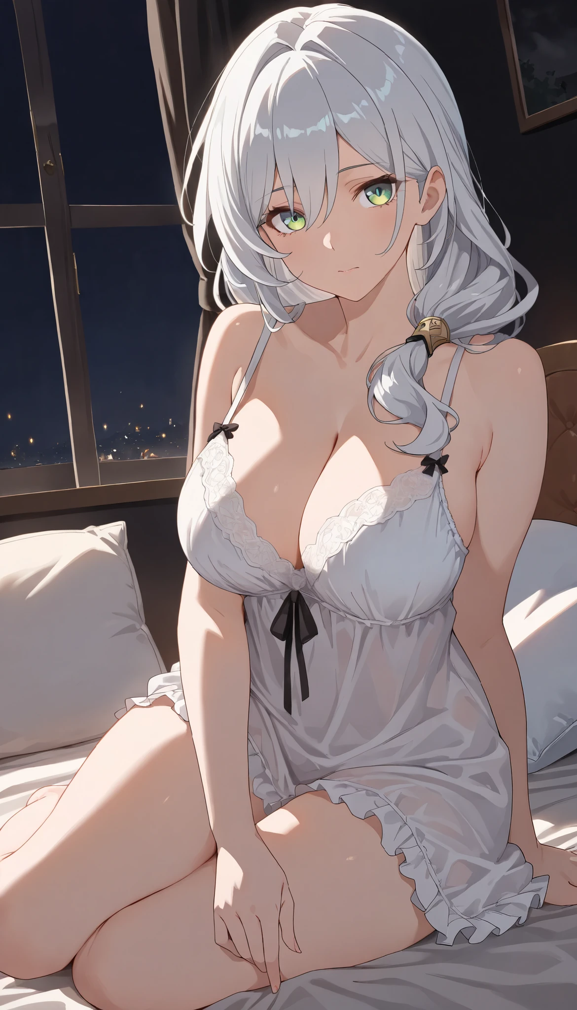 ((Beautiful lighting, Highest quality, 8K, masterpiece: 1.3)), One girl, Perfect Body Beauty, ((Gray Hair)), (White Dress: 1.4), Black bra, (indoor , night: 1.1), Sexy pose (Lie down in bed), Super detailed face, Beautiful Eyes, whole body, Naughty look, stockings