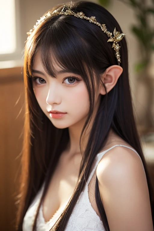 Ultra-detailed complex 3D rendering of the face, (Colossal: 8.8), (masterpiece, top quality, octane rendering, 8K), glamour shot full body image, very beautiful young elf, cleavage, (very detailed skin: 1.2), (exposure: 1.1), (blonde elf)))), (wearing a plummeted tank top shirt of white silk: 1.5)), , Beautiful Caucasian woman with big buttocks full soft breasts and white skin, one, long braided hair, big breasts, dynamic angle, mystical expression, ultra-realistic photos, (((((portrait)))), bare feet, futuristic urban background, facial muscles, detailed and beautiful queen tiara, in the style of Marvel Comics, ArtStation trends, clear focus, studio photography, Intricate detail, highly detailed, detailed yellow eyes, sharp focus, digital rendering, professional, abs, shot with Canon EOS R 6, (Sexy Pose))), Natural Jungle,