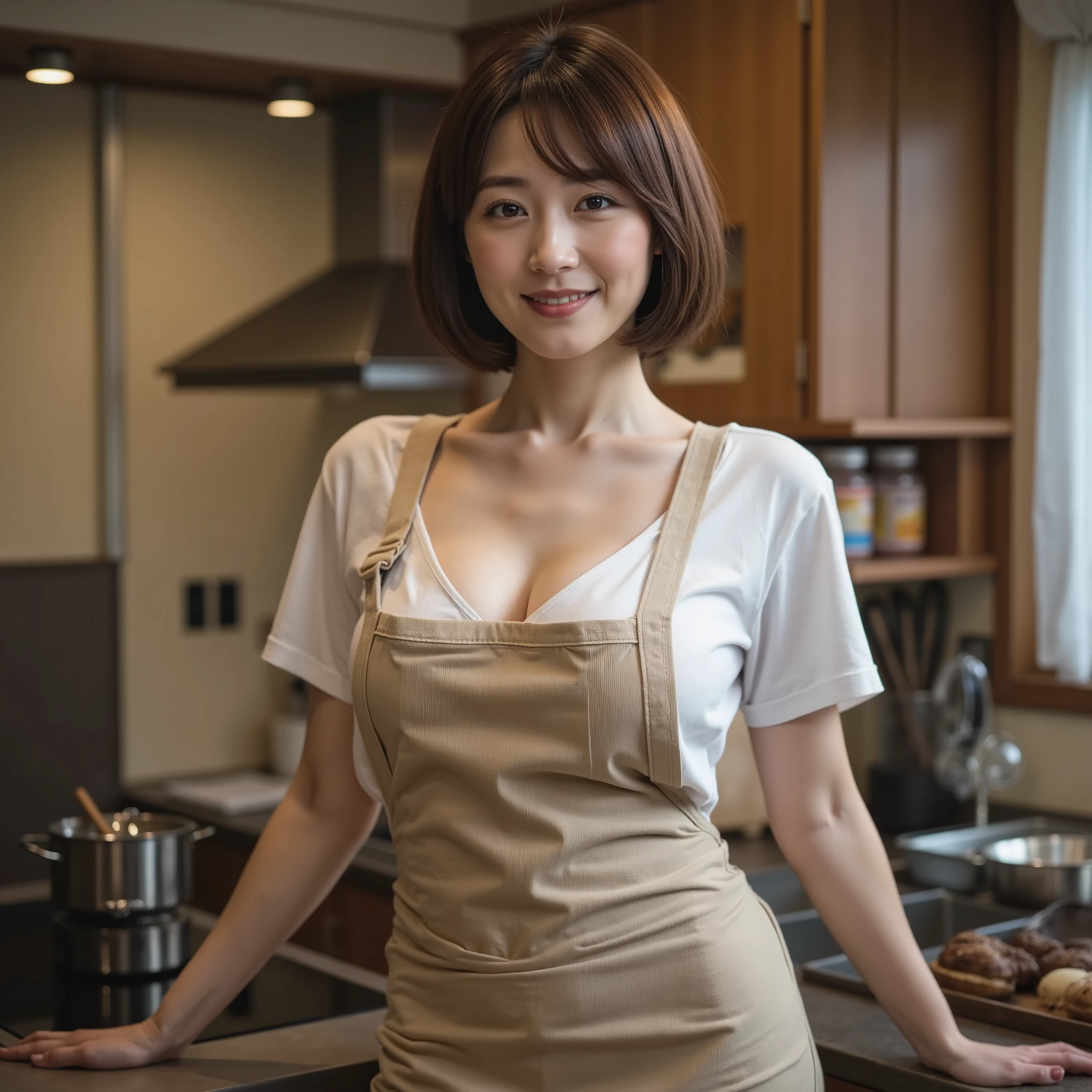beautiful Japanese woman lying down in the sea, attractive body , Sexy Butt, short hair , 白い T-shirt, Wear an apron, Big Breasts, sensual look, Japanese-style slightly unclean、 standing in kitchen, not wearing makeup、 smiles and laughs 、 Watch Your Audience, cinematic lights , Realistic photography, wide angle shot ,Hands on the kitchen , T-shirt、 Soft Writing, Warm colors, High Quality , 8k, Masterpiece