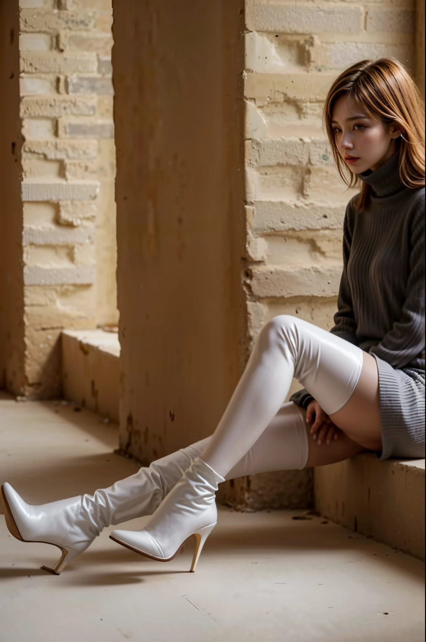 1 very fair skin blonde woman,Sit on the chair,Eyes look at bootlack high gloss rain boots, 8K resolution,Wallpaper masterpiece,Best quality,Highly meticulous,Ultra high quality,increase brightness