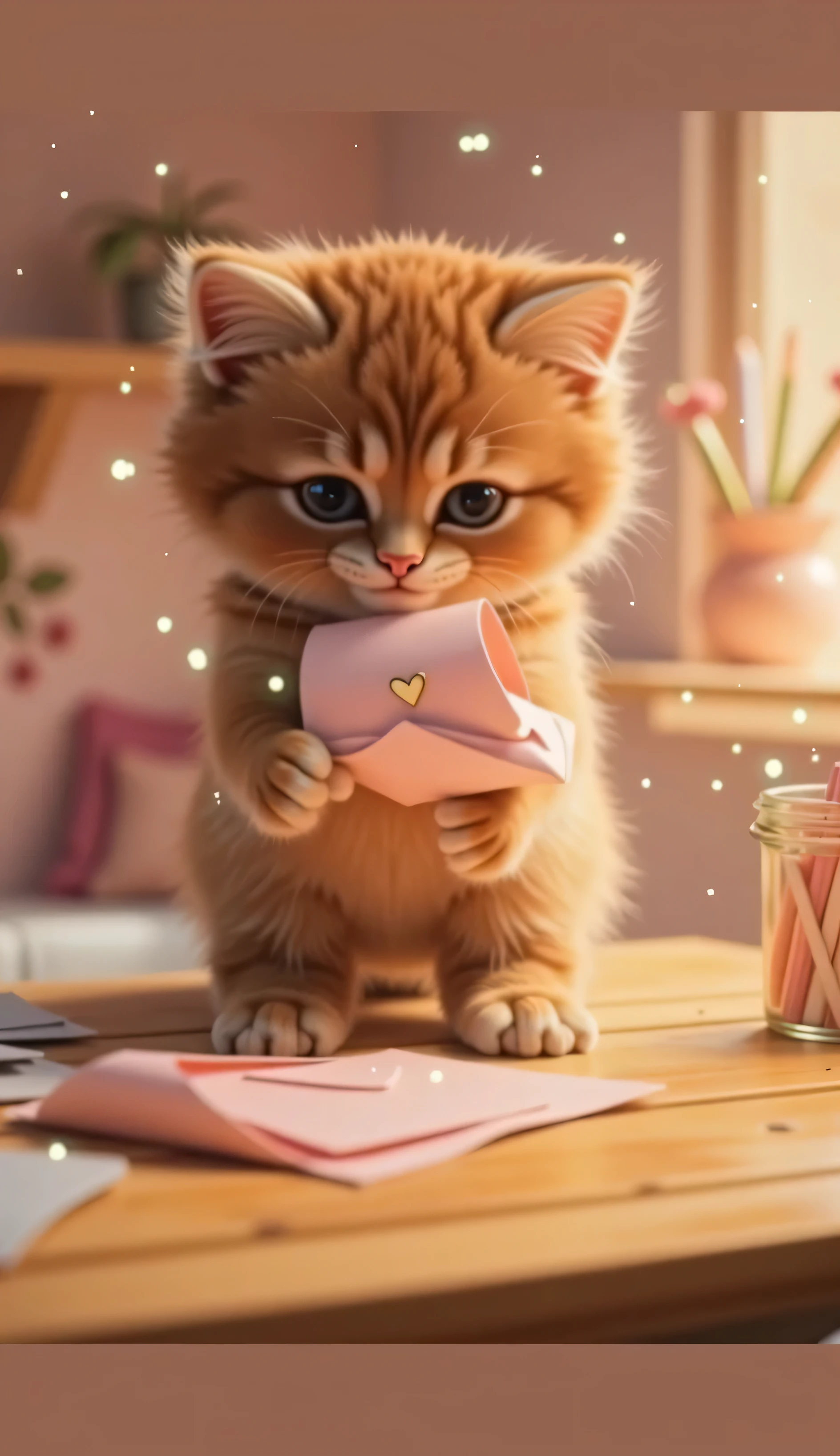 There is a cat sitting on a table with a pink cup - SeaArt AI