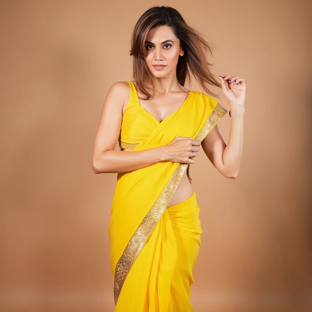 extreme close up photo of sexy kiara, front view, hourglass figure, yellow see through saree, in bedroom , French braid hair