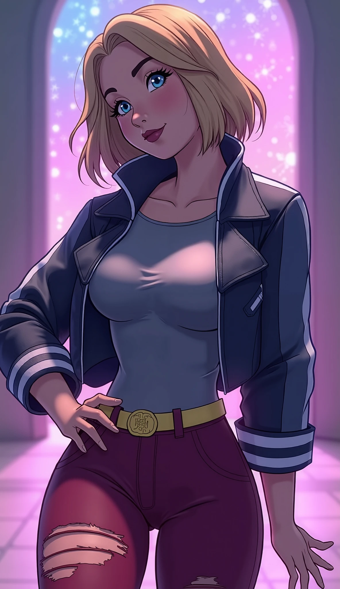 (Close up), ((Kara from DC Super Hero Girls 2019)), short blonde hair, Kara is an attractive, fair-skinned teenage Kryptonian with a muscular-yet-curvaceous figure, and short blonde hair with paler-colored streaks, cut into a messily -styled bob cut with an undercut on the back. She also has dark brown brows, pale blue eyes and maroon lips, As a civilian, Kara wears a blue-gray tank top under a cropped, mid-quarter-sleeved, high-collared, belu old-navy leather jacket with pale dust-blue stripes located on the front and each of its mid-quarter sleeves. Around her waist is a pale yellow belt with an outline of the House of El as the buckle (Zor El sign), which holds up her set of ripped, reddish-brown skinny jeans. She also wore rather large, dark muddy-red calf-length boots., Check out the look at the following link: https://static.wikia.nocookie.net/dc-superherogirls/images/a/a0/Kara_Zor-El_0001. png/revision/latest?cb=20220330232210, Bubble colors, bright colors, strong colors, Anime drawing, anime, anime style, anime painting, anime shot, Vital measurements, realistic, big hanging , very thick thighs, pretty face,Top notch, professional shot, great angle, great background, realistic dimensions, great background, (a few The background is blue glitter and a few shine, god's light), (bright colors, vivid colors, strong colors),Close up of 3D drawing Anime, Big thighs, slightly bigger waist, bigger butt, mature youthful body, Kara from DC Super Hero Girls G2, has big round , thick thighs, big ass, stands tall, looks proud, Check out the model at the following link: https://static.wikia.nocookie.net/dc-superherogirls/images/9/94/Kara_Danvers_Idle.png/revision/latest/scale-to-width-down/199?cb=20211106063253, Check out the model at the following link: https://static.wikia.nocookie.net/dc-superherogirls/images/7/7a/Kara_Zor-El_2019.png/revision/latest/scale-to-width-down/250?cb=20220114142936, Hot body, body, Very professional anime