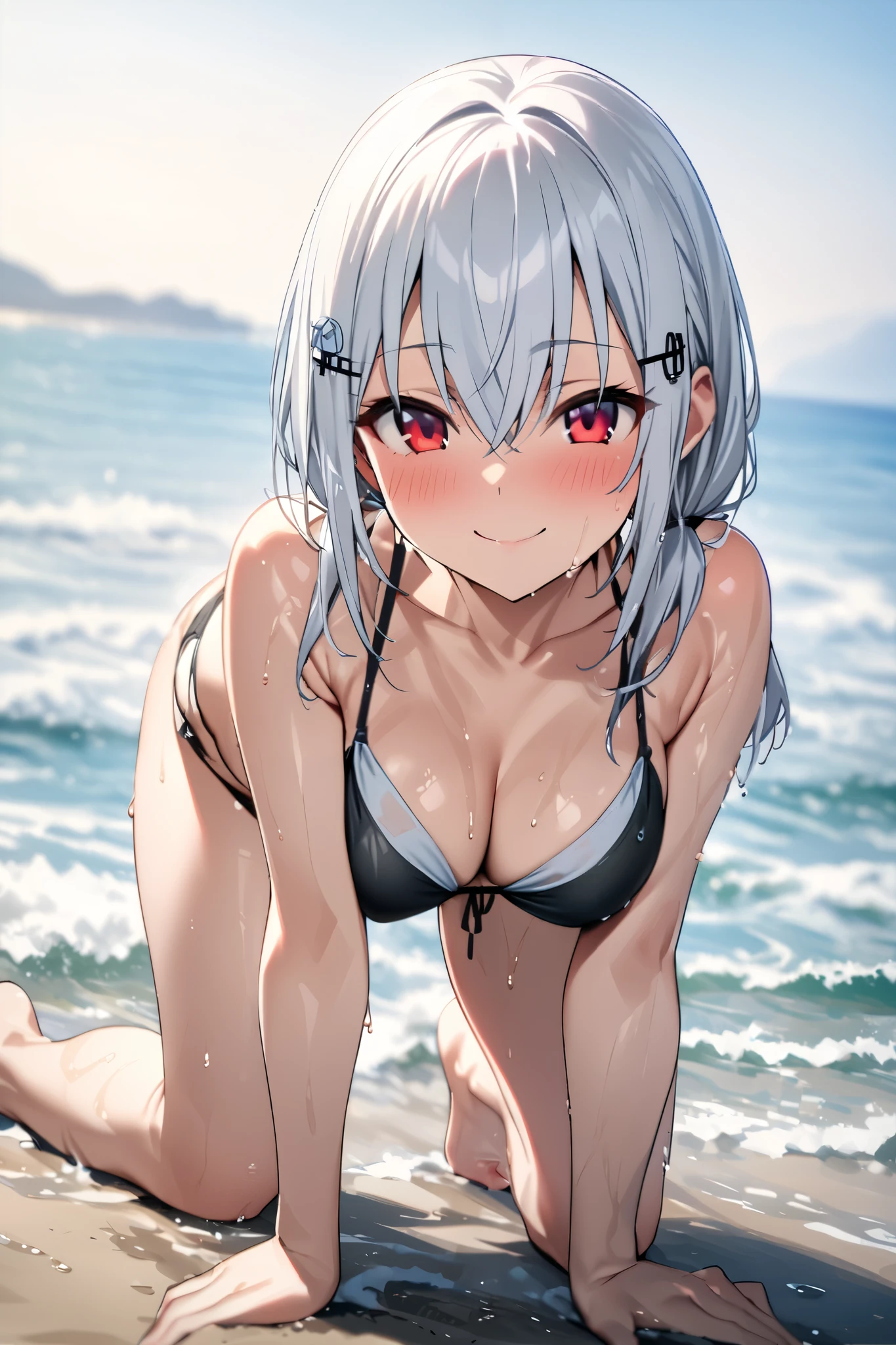 One , ((Sexy Bikini))、(Grey hair colour,Red-pink inner color hairstyle), Beautiful Hair, Facial Contour, Remember, Ocean, sunlight、splash, Lens flare,, Natural Color, High resolution, Very delicate, Very detailed, 8k,（There is a slight swelling of the chest,About B cup）、Shyness,((Sexual)),((Sexy feeling))、Sitting、Top view angle