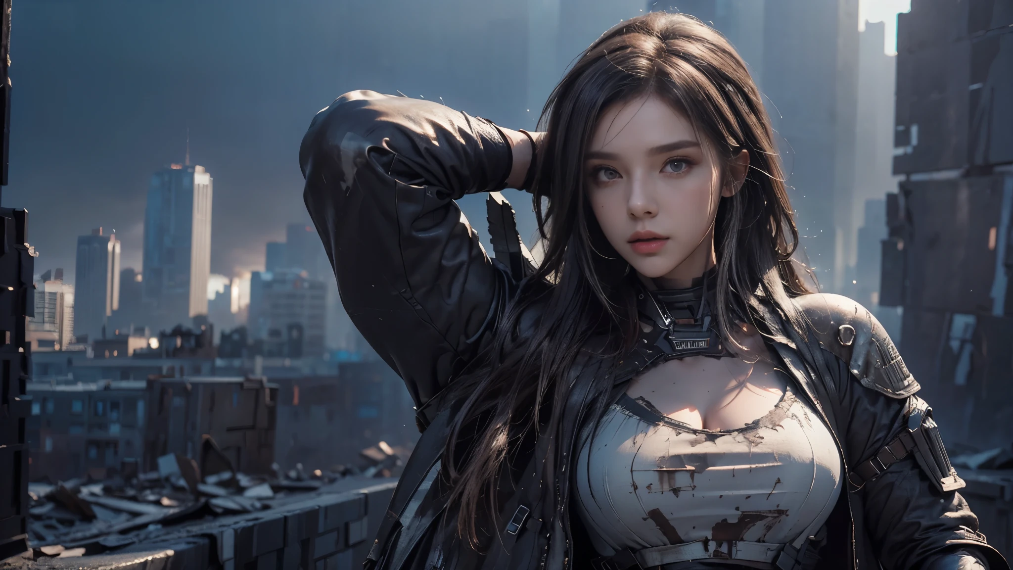 masterpiece, high resolution,8K,( Portrait Photos:1.5),(R Original Photo),Reality,Digital Photography,(Ruins of the Apocalypse ),City ruins,20 year old pretty female ,Shut up, post-apocalyptic scene , Upper body photography ,Damaged Armor,Full figure