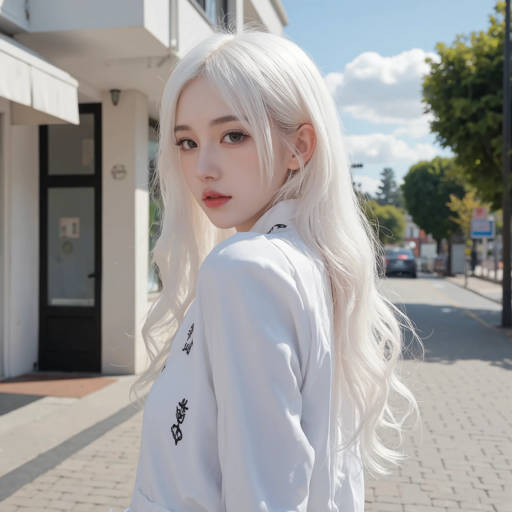   white gothic woman   ,  White Clothes,    very detailed gothic flavor,    white pop art background   , White fantasy , ( Happy strolling ),    pure white shopping street  , pure white sky ,  BREAK eye level shot ,  beautiful profile ,  very pleasant atmosphere  ,Side face ,Leaking ears, bright sunshine 