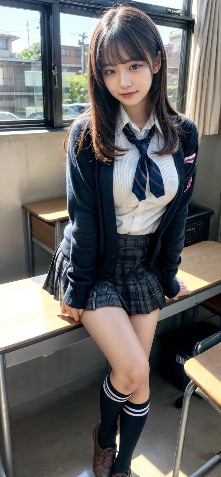 Graduation Ceremony、high school girl、uniform 、Navy jacket、Checkered pleated skirt、White shirt、Bedroom、lying on one's back on the bed、Sexy pose、Perfect proportions、cute、((18-year-old female:1.2))、Young and adorable Japanese face,Big Breasts, valley, Official Art,Highly detailed CG Unity 8K wallpaper,(masterpiece:1.0),(Highest quality:1.0), High resolution,4K,Very detailed, photo shoot, 8K, nsfw, High resolution, Kodak Portrait 400, Film Grain, Lens flare brilliance, Professional Lighting,Cinematic Light, View your viewers