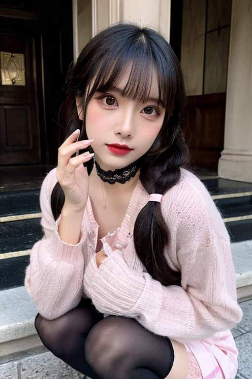 Korean Beauty,Sitting on the train,(((tmasterpiece))), ((best qualtiy)), ((intricate detailes)), ((Ultra-realistic realism)), Ridiculous resolution, A MILF, Mature Woman, ighly detailed, illustratio, 1girll,((Large breasts)), perfect hand, Detailed finger, Beautiful detailed eyes, Lowered twin tails, Colored inner hair, Very long black hair, Very bright pink hair, with brown eye, Name badge, ( Korean style long sleeve dark pink ruffle lace up pleated skirt, Black knee-high socks:2.2),detailedbackground, perfect eyes, mesmerizing eyes,Slightly open mouth, ((One fragile girl:1.2))