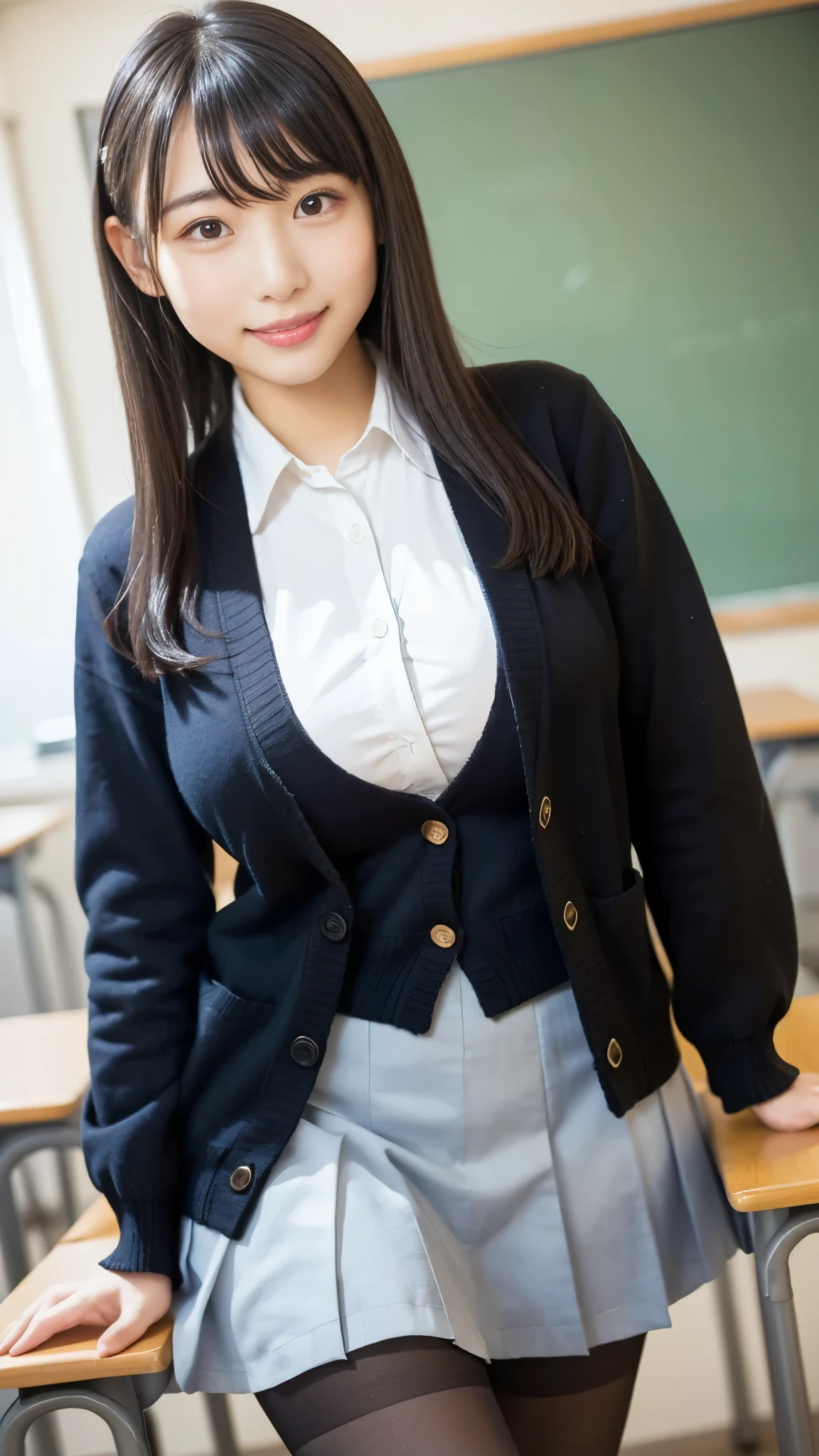 best quality ,masterpiece, super high definition, HIGH DEFINITION RAW COLOR PHOTO, professional photography, natural skin texture , fine skin, hyperrealism, smiles,loose curly hair,gigantic breasts,( high school girl uniform,Black pantyhose, blazer, cardigan), upper body up ,classroom