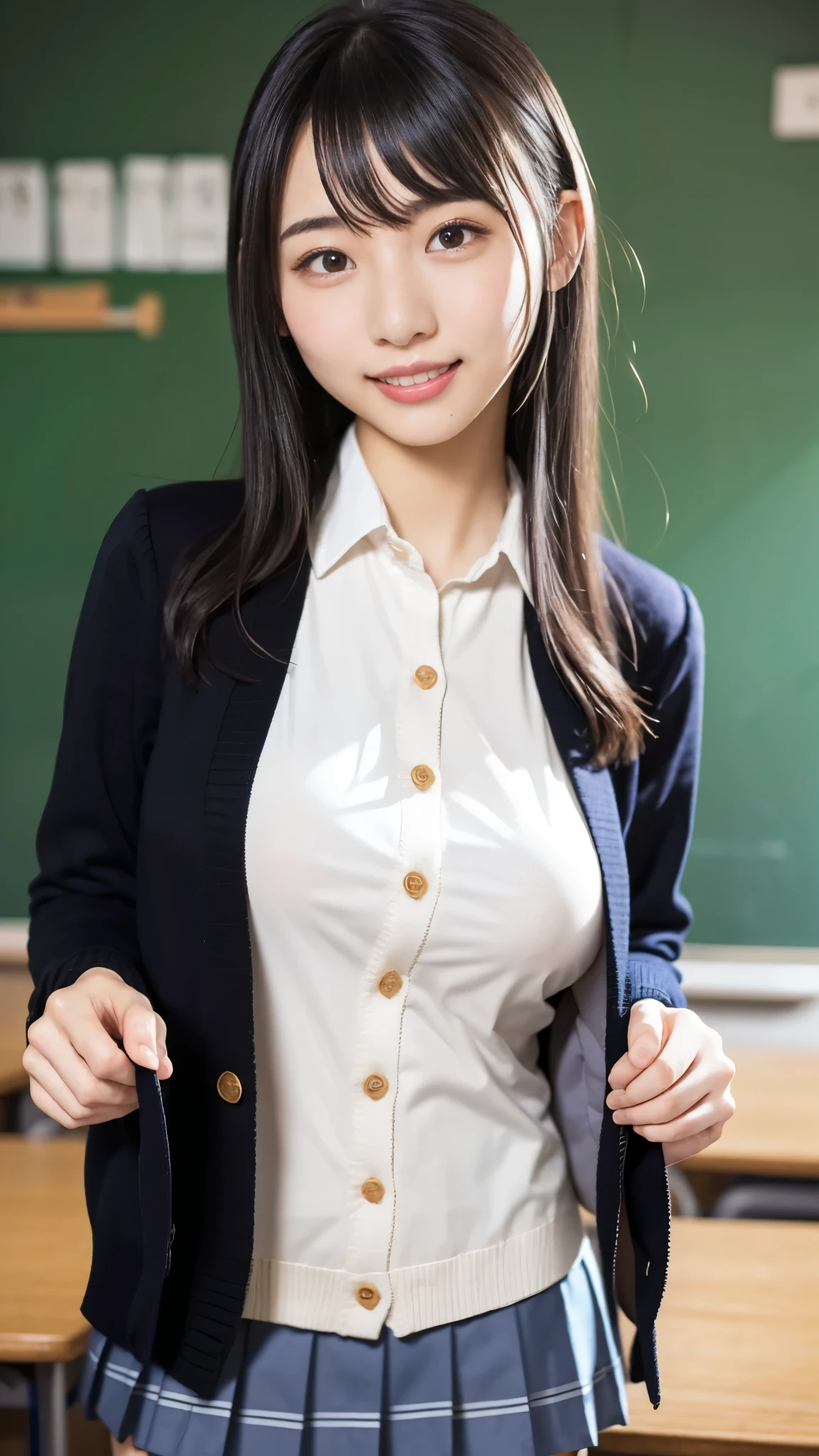 best quality ,masterpiece, super high definition, HIGH DEFINITION RAW COLOR PHOTO, professional photography, natural skin texture , fine skin, hyperrealism, smiles,loose curly hair,gigantic breasts,( high school girl uniform,Black pantyhose, blazer, cardigan), upper body up ,classroom