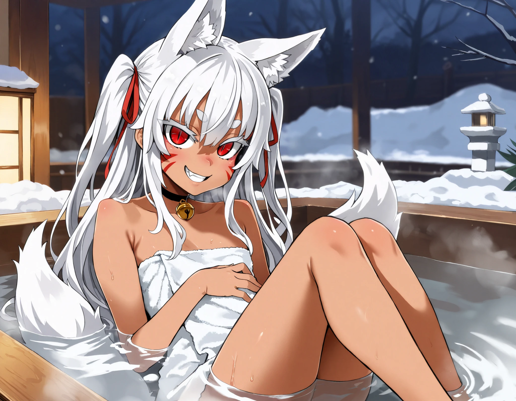 (best quality, highest quality:1.2), masterpiece, Ultra-high resolution, rich contrasts, HD, 8k, fine skin, no makeup, ideal ratio body proportions,
1girl, anime girls, asanagi style, mesugaki, dark skin, tan, red eye, slit pupils, ((white fox ear, white fox tails)), Wicked Smile, evil grin, fang,
very long two side up, white Hair, thick eyebrows, red highlights hair, Hair ribbon bell, bell choker, bimbo, ((dim body)), flat_chest, (facial mark),
open-air bath, snow background, humid, steam, white bath towel,
looking at viewer, lewd, cute, big eyes, ero, ecchi, Sitting with Knees Up, covering chest,
Score_9,Score_8,score_7_up,source_anime, rating_questionable,
