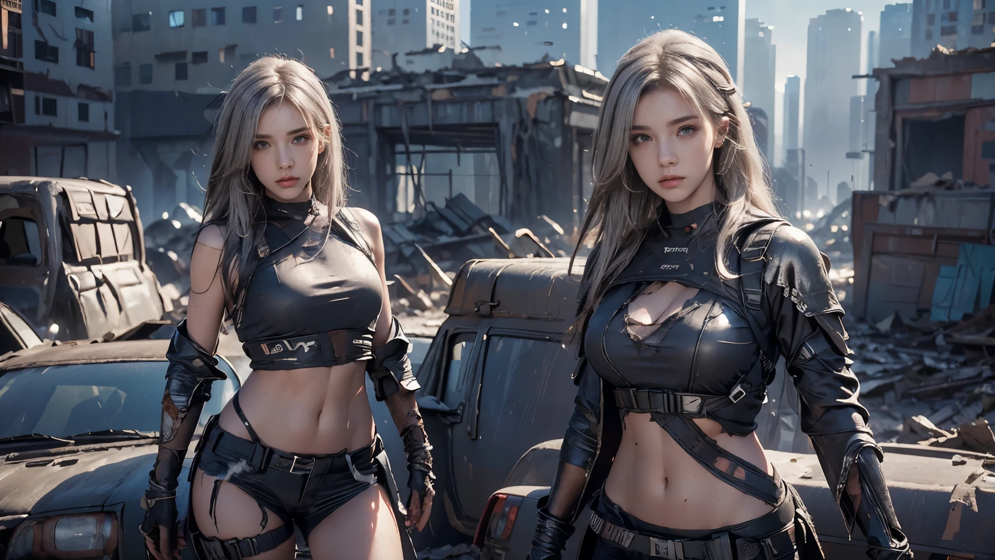 masterpiece, high resolution,8K,( Portrait Photos:1.5),(R Original Photo),Reality,Digital Photography,(Ruins of the Apocalypse ),City ruins,20 year old pretty female ,Shut up, post-apocalyptic scene , Upper body photography ,Damaged Armor,Full figure