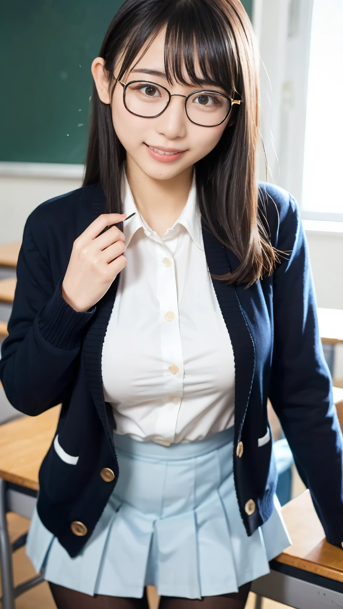  best quality ,masterpiece, super high definition, HIGH DEFINITION RAW COLOR PHOTO, professional photography, natural skin texture , fine skin, hyperrealism, smiles,Glasses,loose curly hair,gigantic breasts,( high school girl uniform,Black pantyhose, blazer, cardigan), upper body up ,classroom