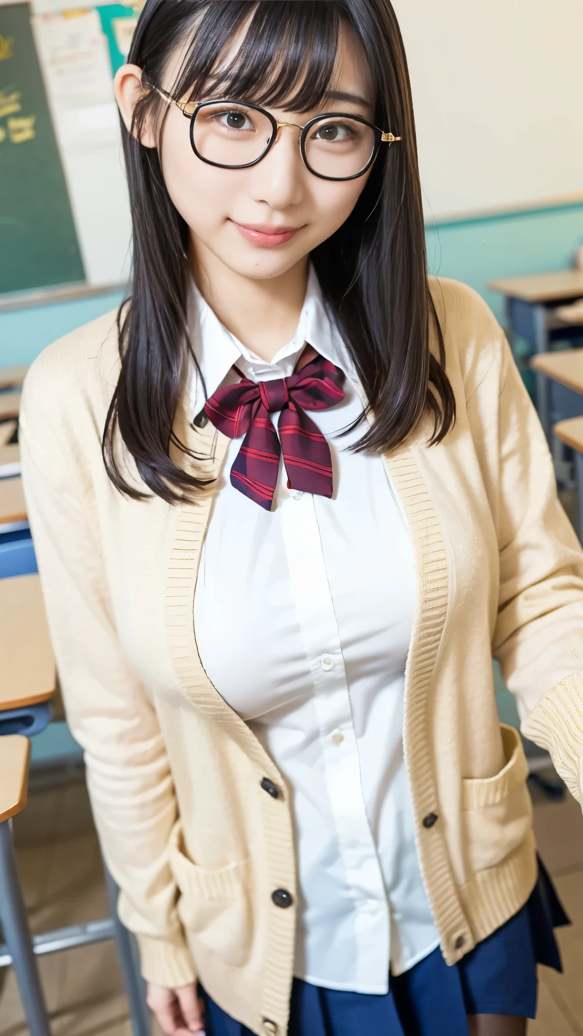 best quality ,masterpiece, super high definition, HIGH DEFINITION RAW COLOR PHOTO, professional photography, natural skin texture , fine skin, hyperrealism, smiles,Glasses,loose curly hair,gigantic breasts,( high school girl uniform,Black pantyhose, blazer, cardigan), upper body up ,classroom