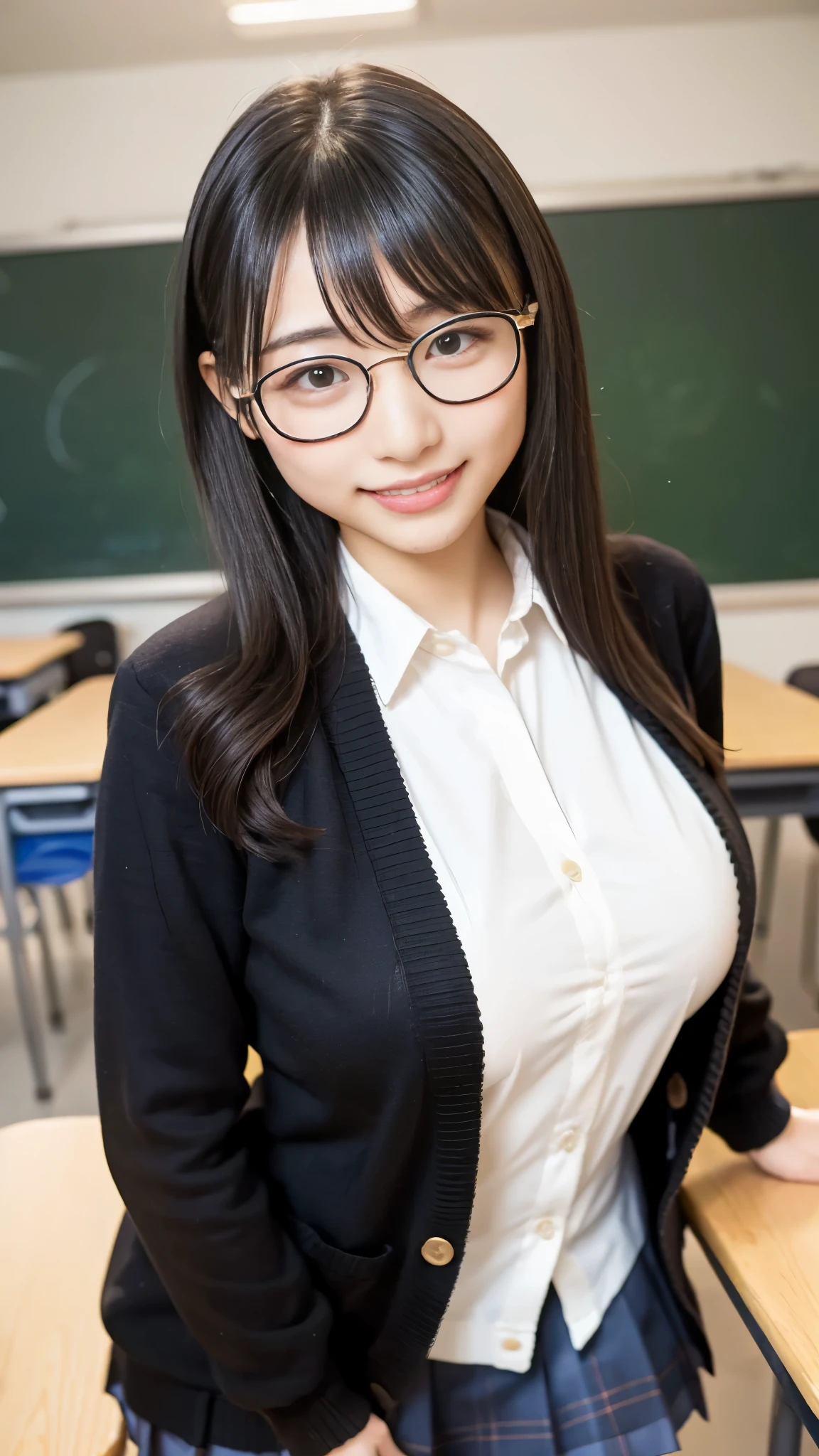 best quality ,masterpiece, super high definition, HIGH DEFINITION RAW COLOR PHOTO, professional photography, natural skin texture , fine skin, hyperrealism, smiles,Glasses,loose curly hair,gigantic breasts,( high school girl uniform,Black pantyhose, blazer, cardigan), upper body up ,classroom