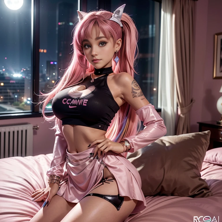 Beautiful girl, pink hair, Pink latex suit, park, Sakura, big breasts, big ass, Slim waist, cat&#39;s ears, protruding nipples, pink stockings