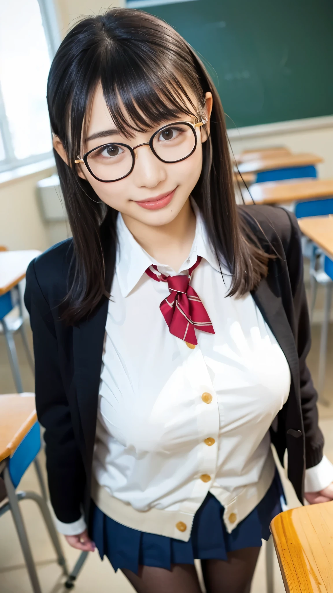  best quality ,masterpiece, super high definition, HIGH DEFINITION RAW COLOR PHOTO, professional photography, natural skin texture , fine skin, hyperrealism, smiles,Glasses,loose curly hair,gigantic breasts,( high school girl uniform,Black pantyhose, blazer, cardigan), upper body up ,classroom