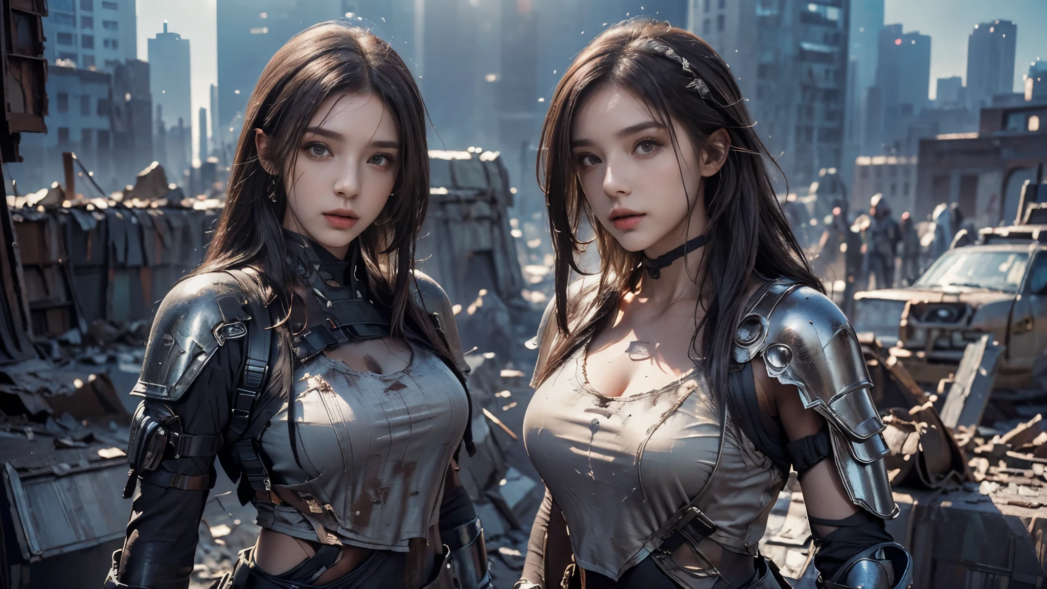 masterpiece,best quality,high resolution,8k,(portrait photo:1.5),(R original photo),real picture,digital photography,(Combination of cyberpunk and fantasy style),(female soldier),20 year old girl,Random hairstyle,through bangs,(red eye breasts, Accessories,Keep your mouth shut,Elegant and charming,Serious and arrogant,Calm and handsome,(Cyberpunk combined with fantasy style clothing,hollow-carved design,big breasts，joint armor,photo poses,Realistic style,gray world background,oc render reflection texture，sentry
