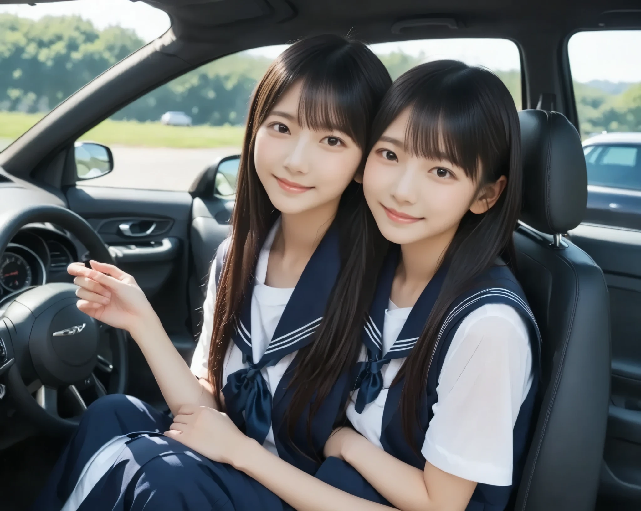 two young girls in school uniforms standing next to a car, wearing japanese school uniform, japanese girl school uniform, japanese school uniform, two japanese schoolgirls posing, wearing school uniform, magical school student uniform, jk uniform, loose coat collar sailor uniform, wearing a school uniform, seifuku, magic school uniform, sailor uniform, school uniform, 8k))