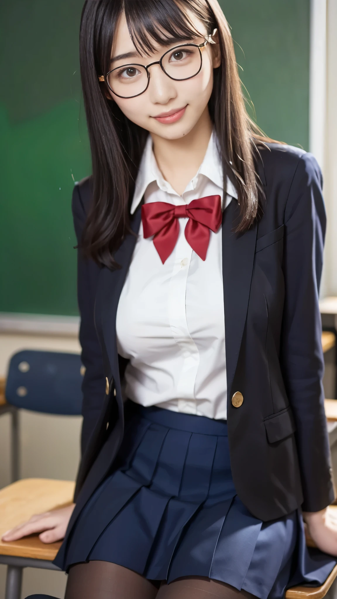best quality ,masterpiece, super high definition, HIGH DEFINITION RAW COLOR PHOTO, professional photography, natural skin texture , fine skin, hyperrealism, smiles,Glasses,loose curly hair,gigantic breasts,( high school girl uniform,Black pantyhose, blazer),classroom