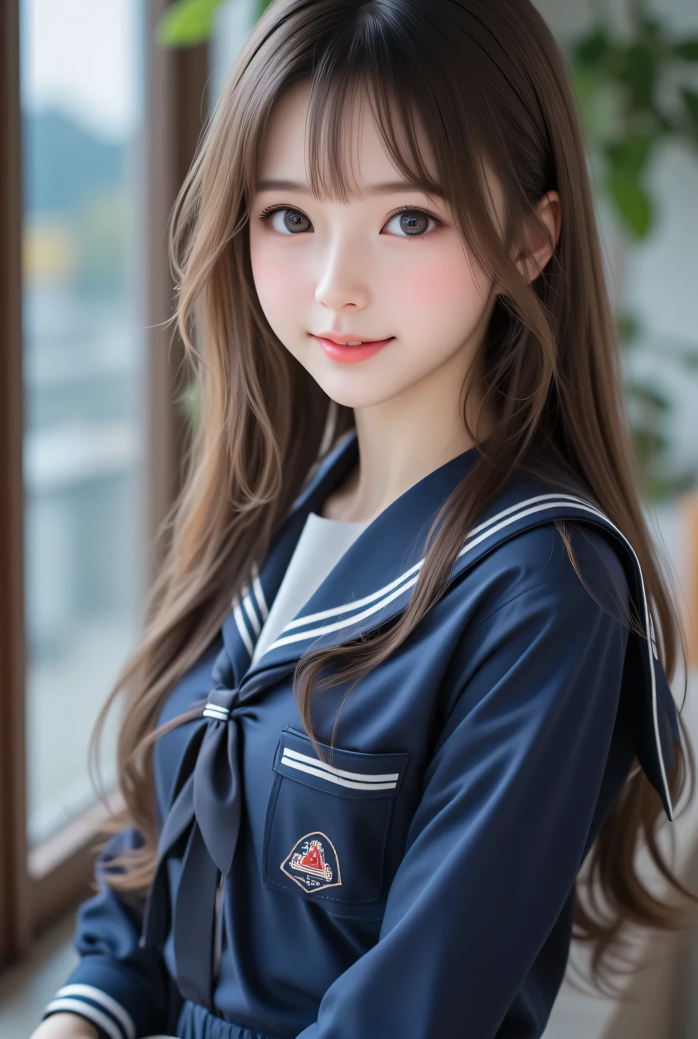 (super cute young face:1.3),(sparkling clear attractive large glowing eyes:1.5), (japanese idol face:1.5),very beautiful cute girl,(:1.4),exquisite smooth and silky long brown straight hair,fair skin,(happy cheerful smile),professional portrait,(super shiny metallic dark blue sailor high-school uniform :1.2),(super shiny metallic dark blue pleated mini skirt :1),happy cheerful smile,body shot,very thin natural makeup