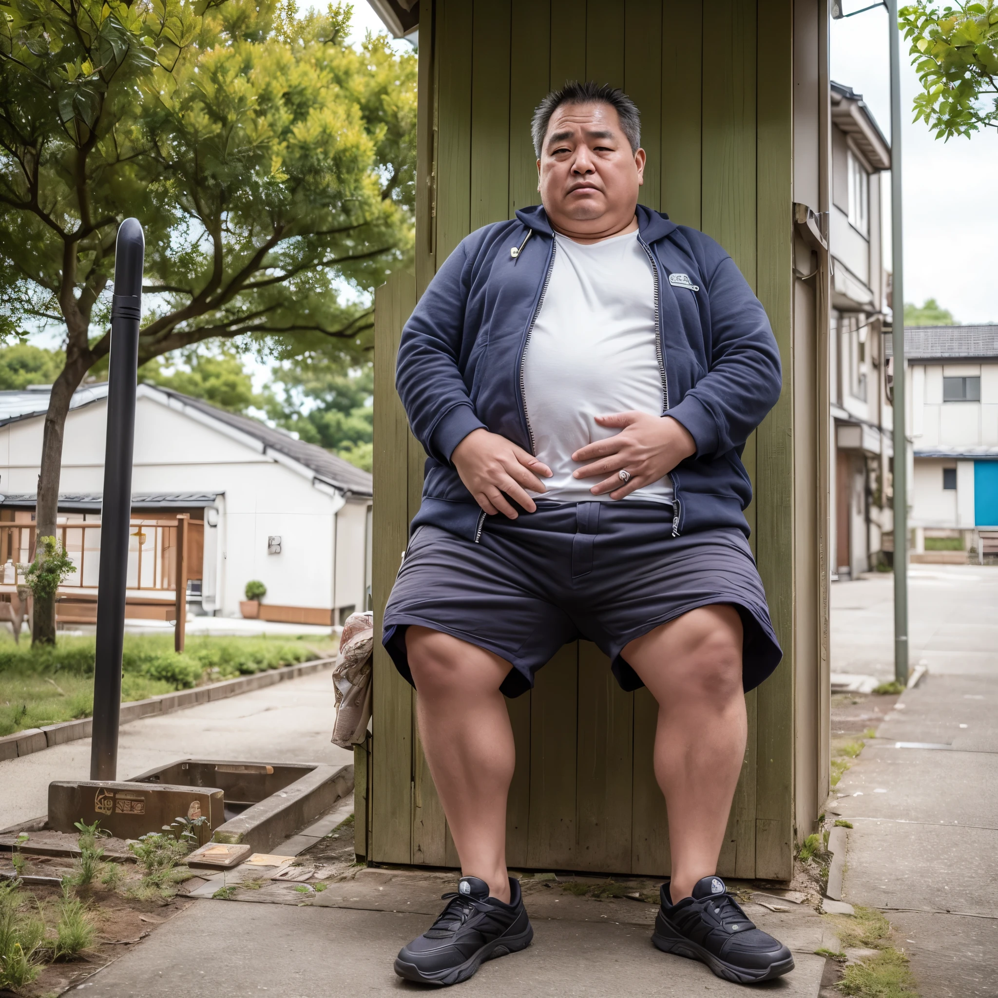 Thick Japan middle-aged man in his 50s, 1man, retarded, Dwarfism, He wears a White diaper, Pampers, shirtless, ((peeing self, pee stains,)), ((trembling, fear expression, scared, looking at viewer)), kindergarten background, It's a sunny day, He crying and Incontinence in playground, Full body, a picture, 8k, high detail photo, Masterpiece