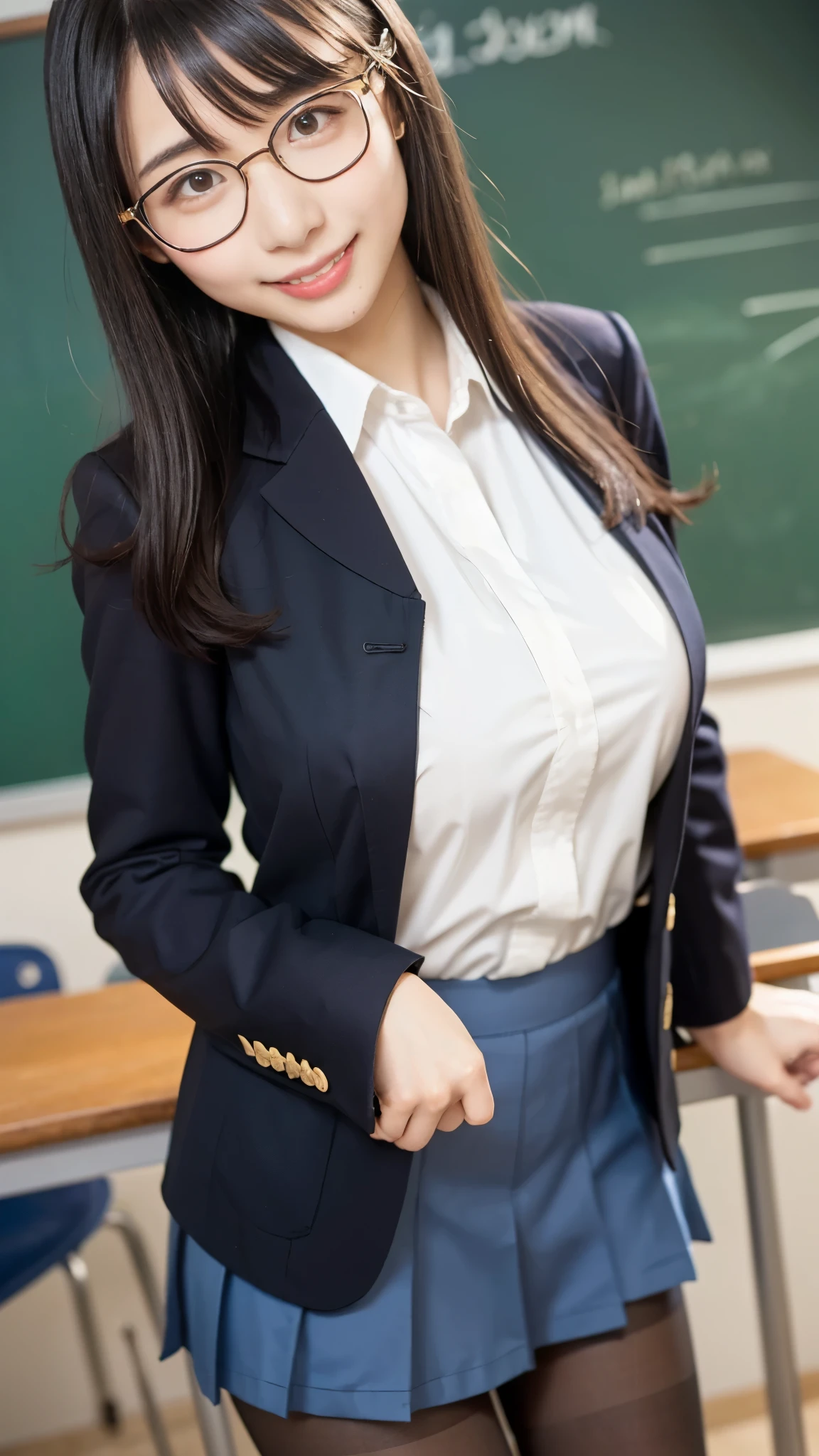  best quality ,masterpiece, super high definition, HIGH DEFINITION RAW COLOR PHOTO, professional photography, natural skin texture , fine skin, hyperrealism, smiles,Glasses,loose curly hair,gigantic breasts,( high school girl uniform,Black pantyhose, blazer,panty shot),classroom