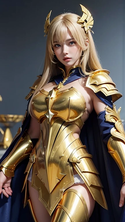 Ultra HD、Ultra-clear、Beautiful Face、Leo Warrior、Covered entirely in golden armor、Holy knight in golden armor、Golden Tiara、Golden armor covered in sculptures、Heavy golden armor、crystal clear green eyes、Silver Hair、Big Breasts、Outer space background、