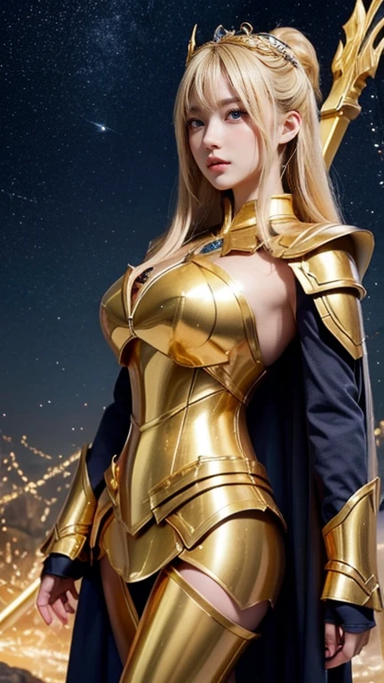GOLD DRAGON QUEEN, (Charming Russian model Nata Lee), light blonde hair color, HUGE , DRAGON HEAVY ARMOR, TRANSPARANT, STANDING, slim BODY, MUSCLE ABS.