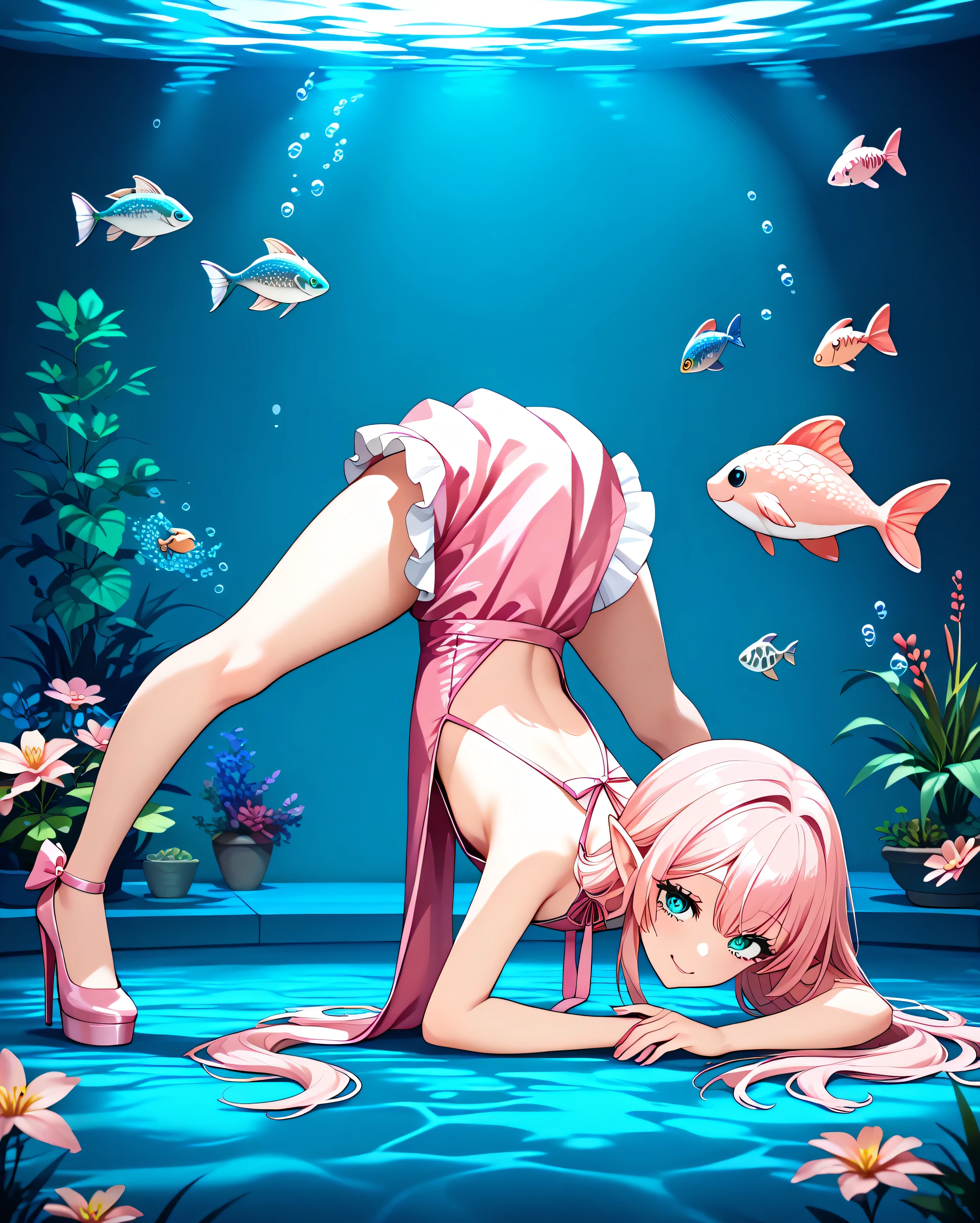 (((best quality, masterpiece))), aquarium, elf, 1 boy, (((fake girl, otoko no ko, femboy, girly))), (((light pink long hair, turquoise_eyes, light skin, flat chest, curvy))), (((crossdressing, pink virgin-killer dress, pink highheels))), light smile, mature, uncensored, fullbody, (((jack-o challenge))), from side