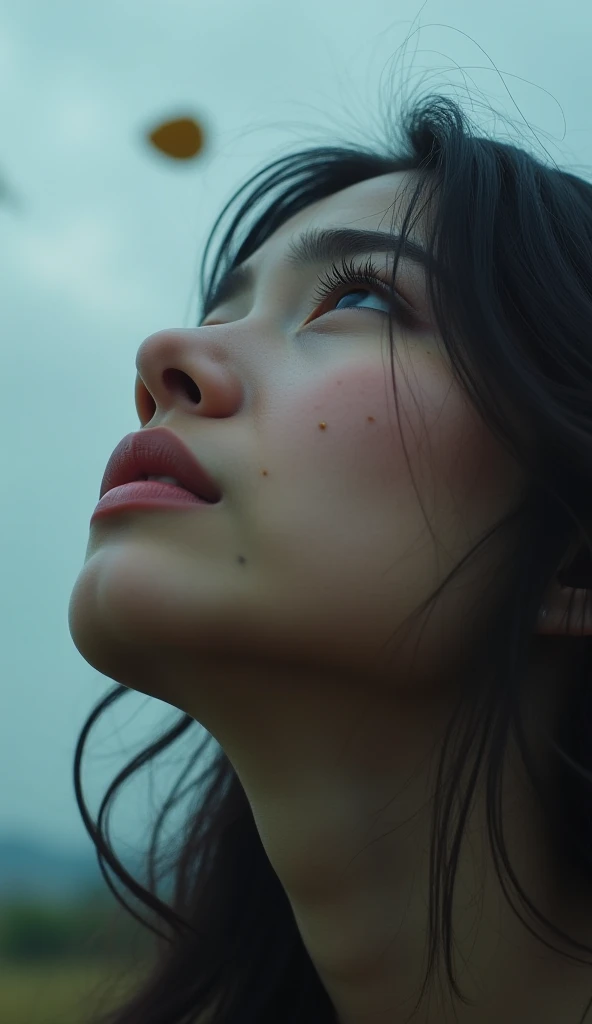 Create cinematic mode super realistic 4k image. A "close-up" of a cute woman looking at the sky. With tears flowing. Sad, forlorn facial reaction. Gloomy feeling. Cloudy sky. Wind blowing, leaves flying. High resolution. Dynamic colors. Super detailed. Dramatic atmosphere. Against the background of a close-up that depicts a sad atmosphere.