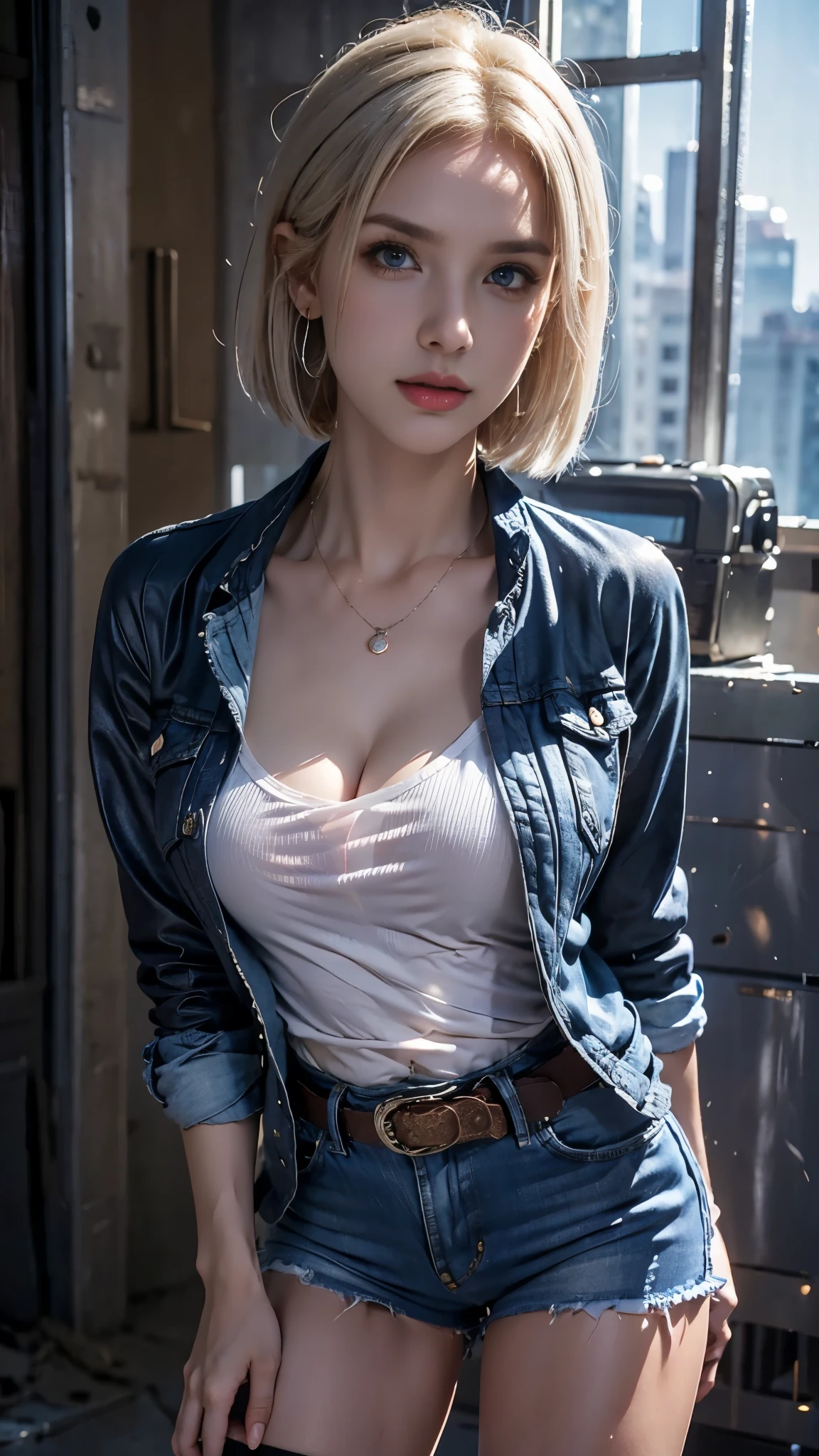  masterpiece,  high resolution,8K,( Portrait Photos:1.5),(R Original Photo),Reality,Digital Photography,(Ruins of the Apocalypse  ),City ruins，Single，Enjinight,  1girl , android 18, Alone, blonde hair, pantyhose, Denim skirt, skirt, denim, blue eyes, belt, black tanktop,  realistic , earrings,  Pearl Necklace ， denim jacket, clenched hands, short hair, striped, striped sleeves, black pantyhose, shirt, breasts, striped shirt, jacket,
