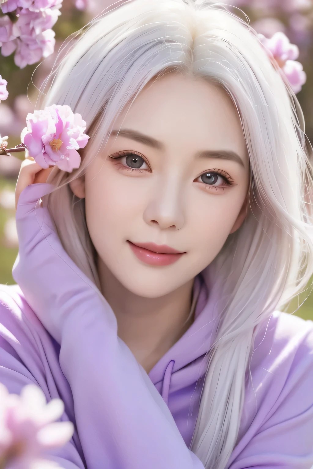 (highest quality、8K、16k、masterpiece、realistic、Super detailed、Beautiful in every detail、ray tracing)、photograph、
break beautiful asian girl、Looks like a Korean idol、25 year old female model、silver hair、Pink mesh hair color、(detailed face、golden ratio of beauty)、((smile))、((white teeth))、lip details、fine eyes、short bob hair、silver hair、Super cute face with pink mesh hair and coddle style、slim and beautiful body、beautiful breasts、Glossy skin、
break、
Please generate an image of a Japanese-themed woman wearing a kimono.、that woman'The pose is elegant、The pattern and color of the kimono must express the traditional beauty of Japan.、Kimono that exposes less skin、
break 、(The background is a Japanese garden)、Please describe it as a place where you can feel peace.、
Cherry blossoms in full bloom on branches in the foreground,:d,looking_up,(aerial:1.2),available light,